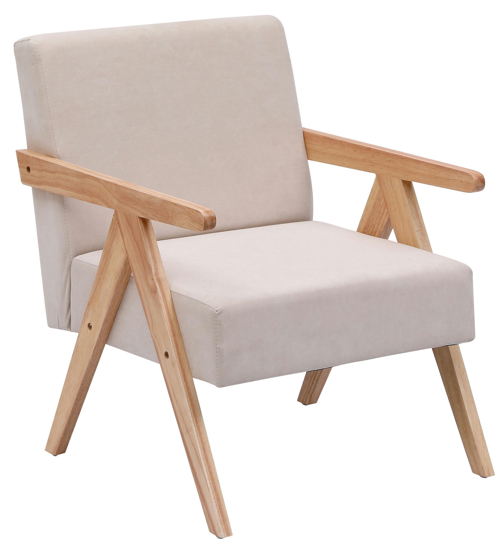 - Fauteuil de salon en bois massif et tissu beige