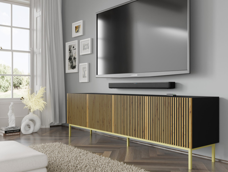 Szafka RTV RAVENNA F 200 cm 4D czarny mat / dąb artisan   RAMA ZŁOTA