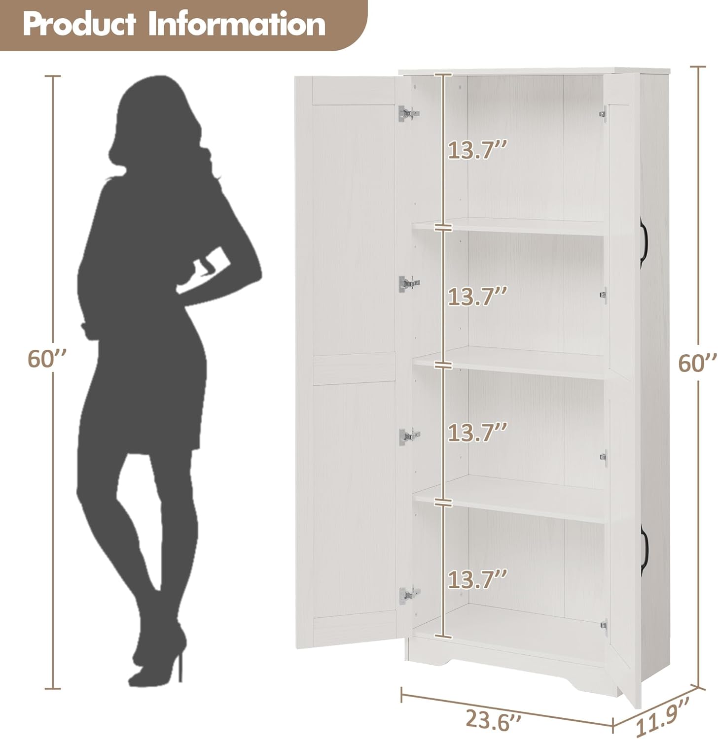 IDEALHOUSE Tall Pantry Cabinet, 60 Kitchen Pantry Storage Cabinet with 2 Doors and Adjustable Shelves, Freestanding Kitchen Cabinet, Cupboard for Dining Room, Bathroom (White)