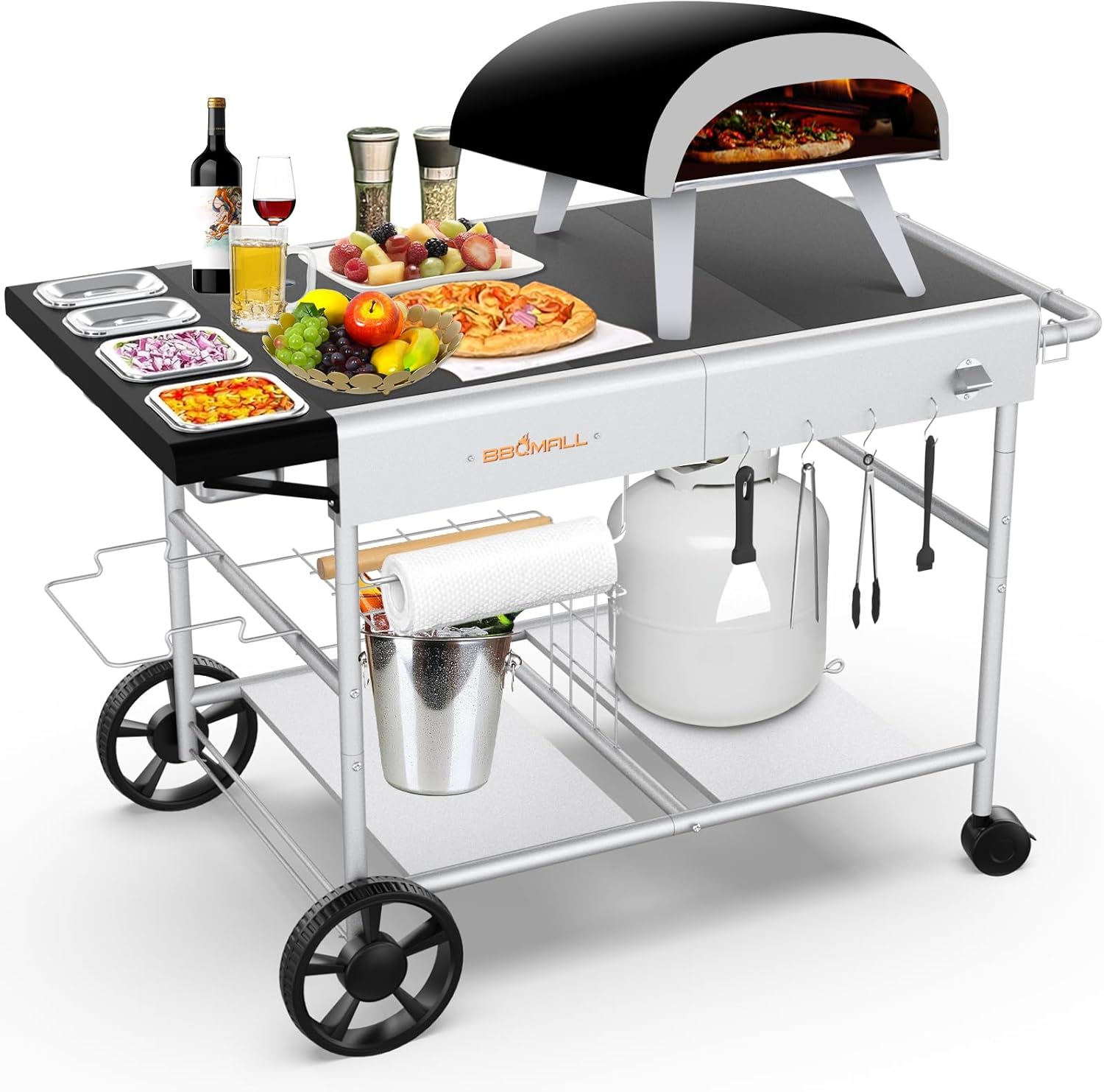 Pizza Oven Table Grill Cart with Pizza Topping Station Movable Food and Prep Workcart Outdoor Grill Table Stand for Ninja Woodfire Blackstone Griddle Cuisinart etc Grill  Barbecue tool set