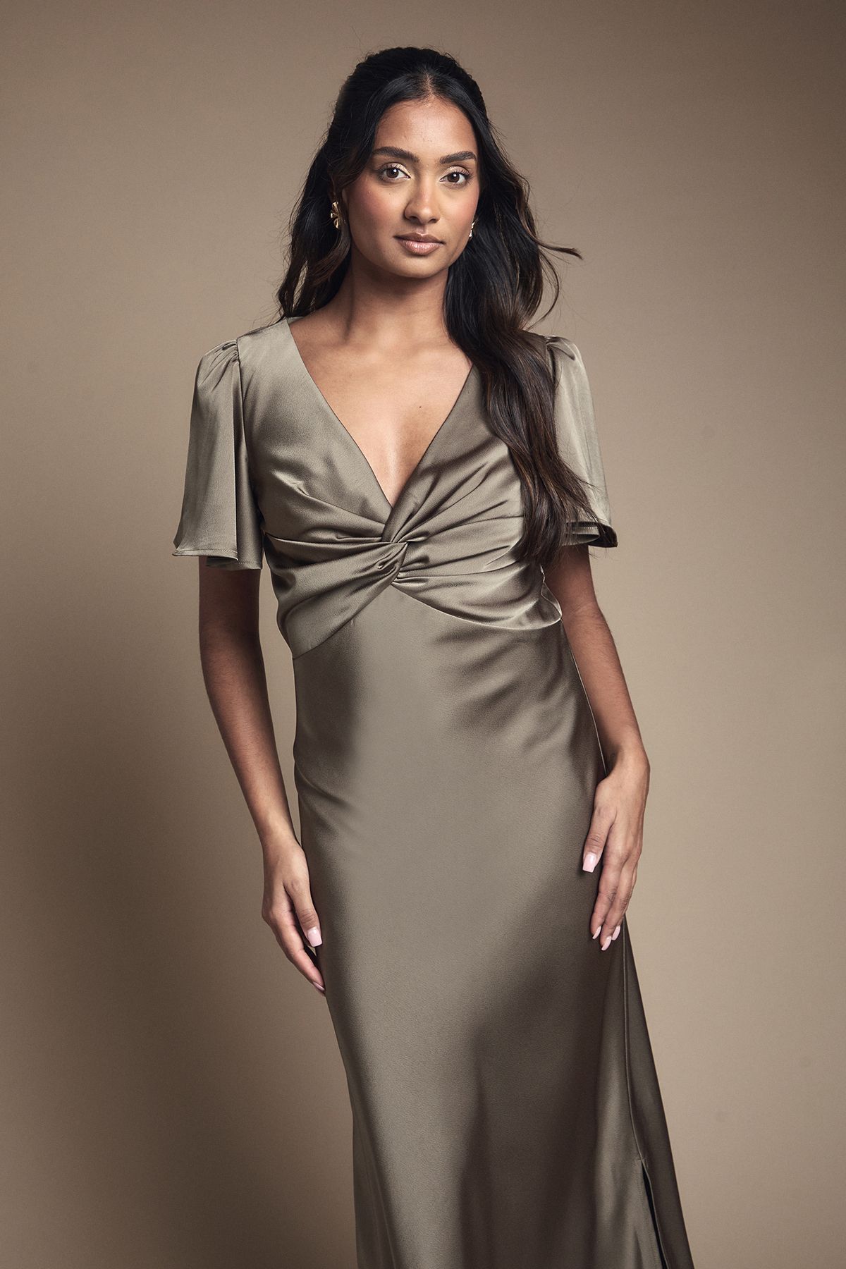Oasis Olive Satin Twist Front Angel Sleeve Midi Bridesmaid Dress