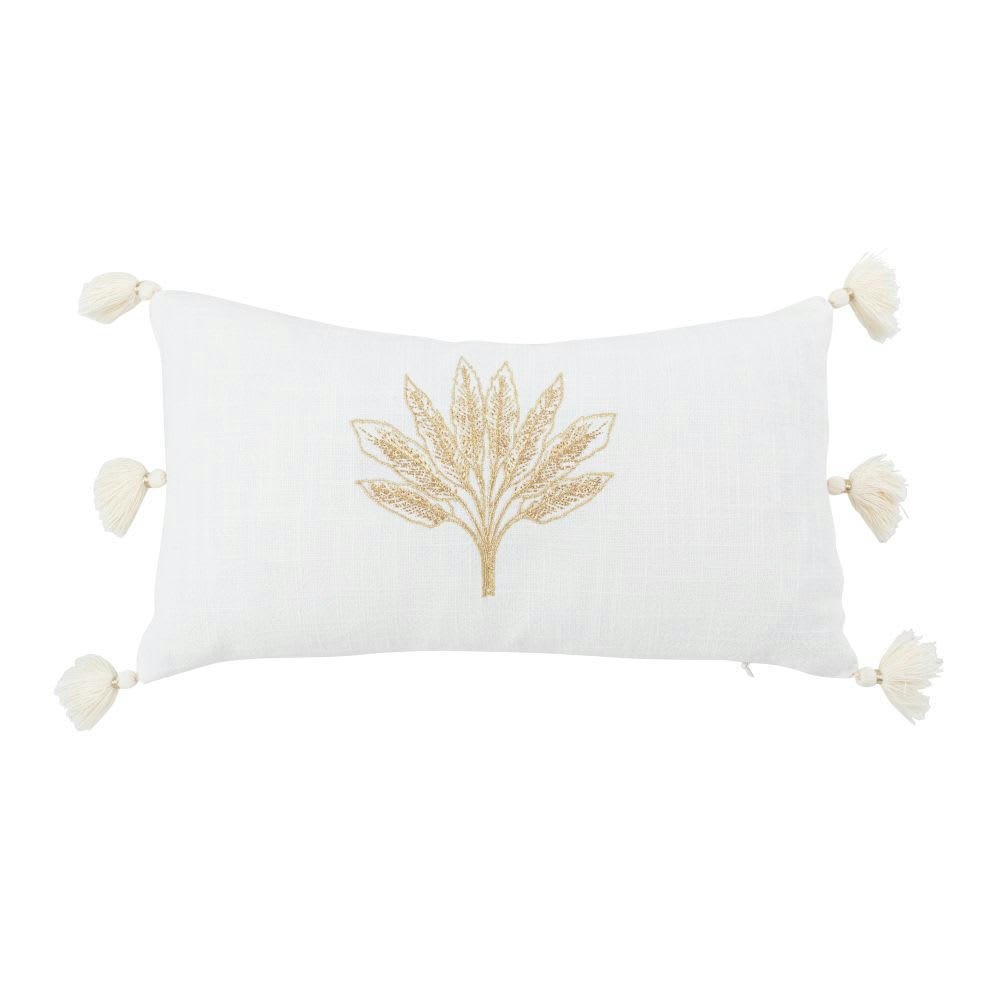 TACHA - Coussin à pronoms motif brodé feuille doré et écru 20x35