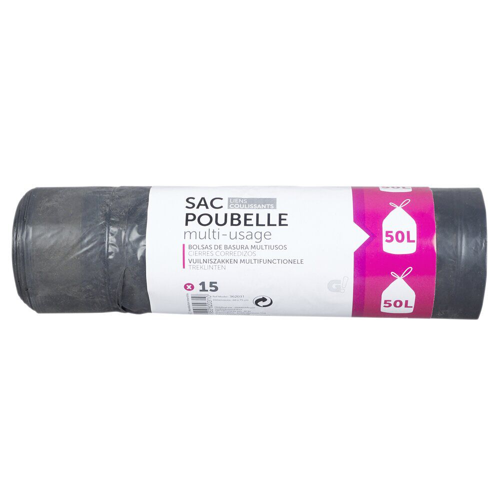 Sac poubelle lien coulissant 50L x15