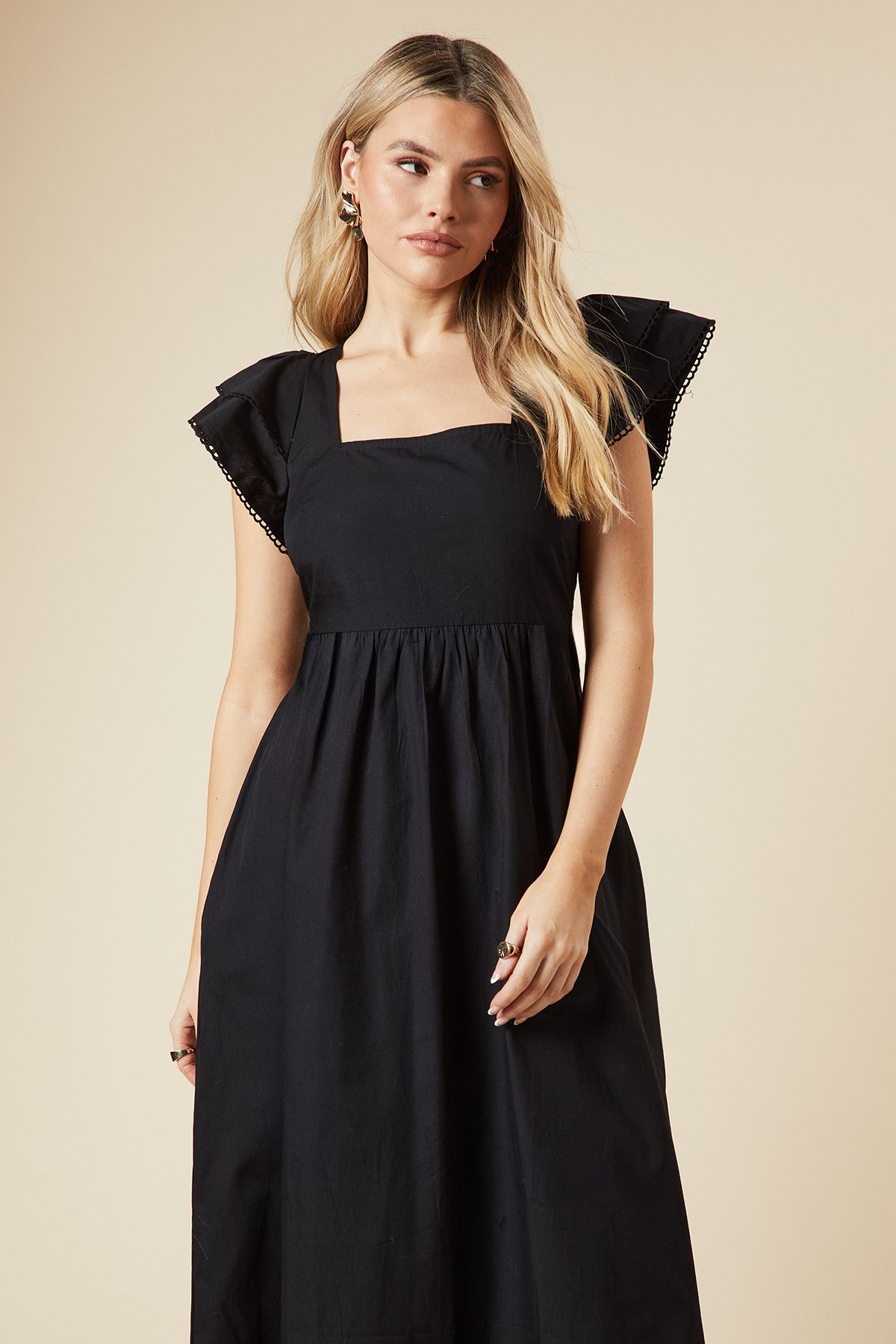 Dorothy Perkins Black Lace Trim Ruffle Sleeve Poplin Midi Dress