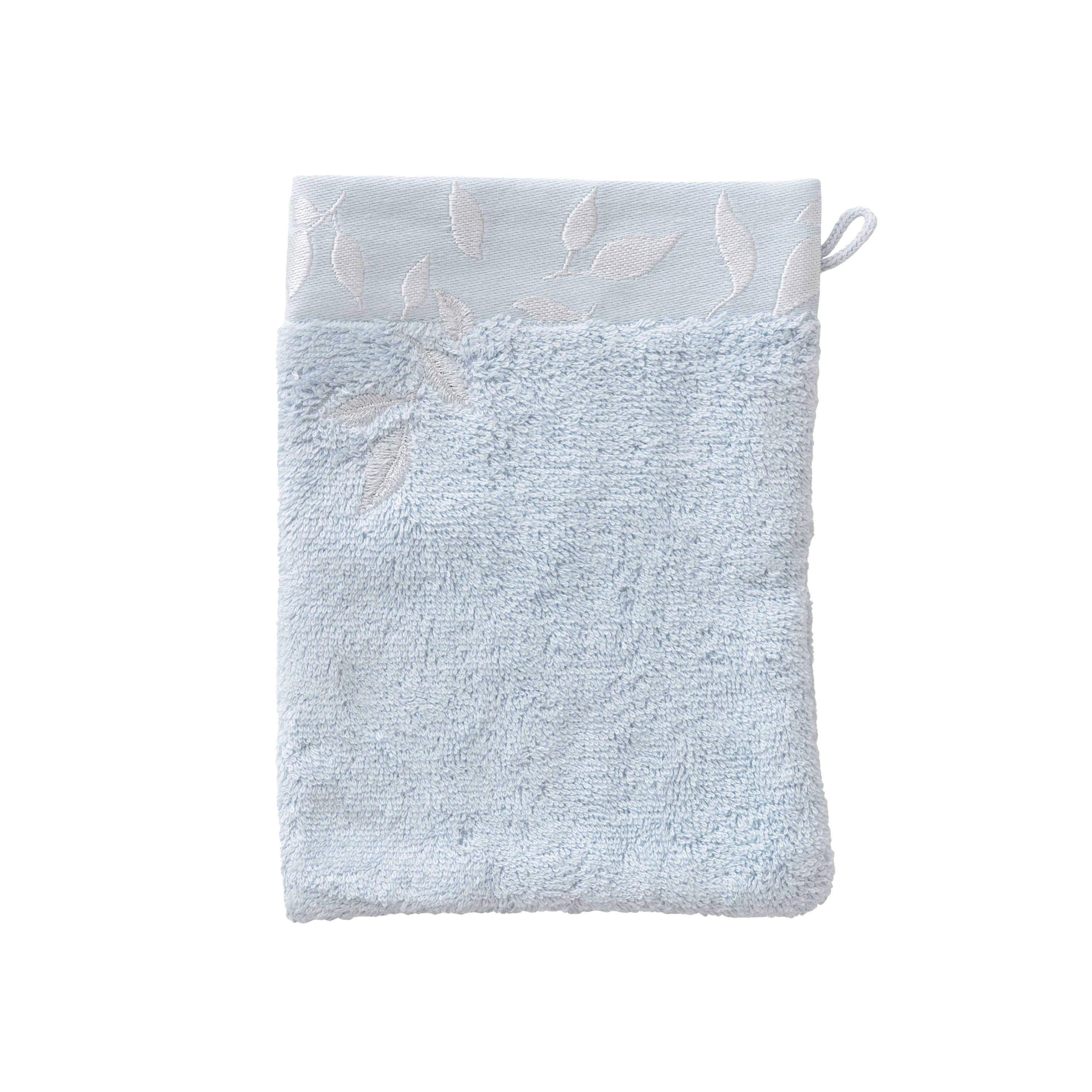 EQUINOXE - Gant de toilette Bleu Givre brodé bouclette jacquard bleu 15 x 21 cm