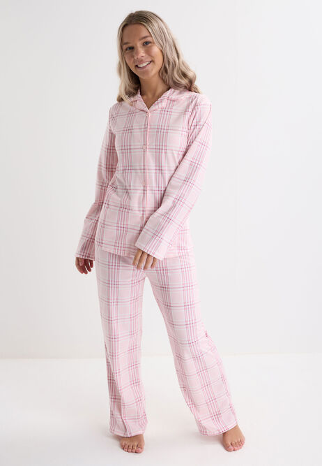 Girls Pink Check Long Sleeve Pyjama Set