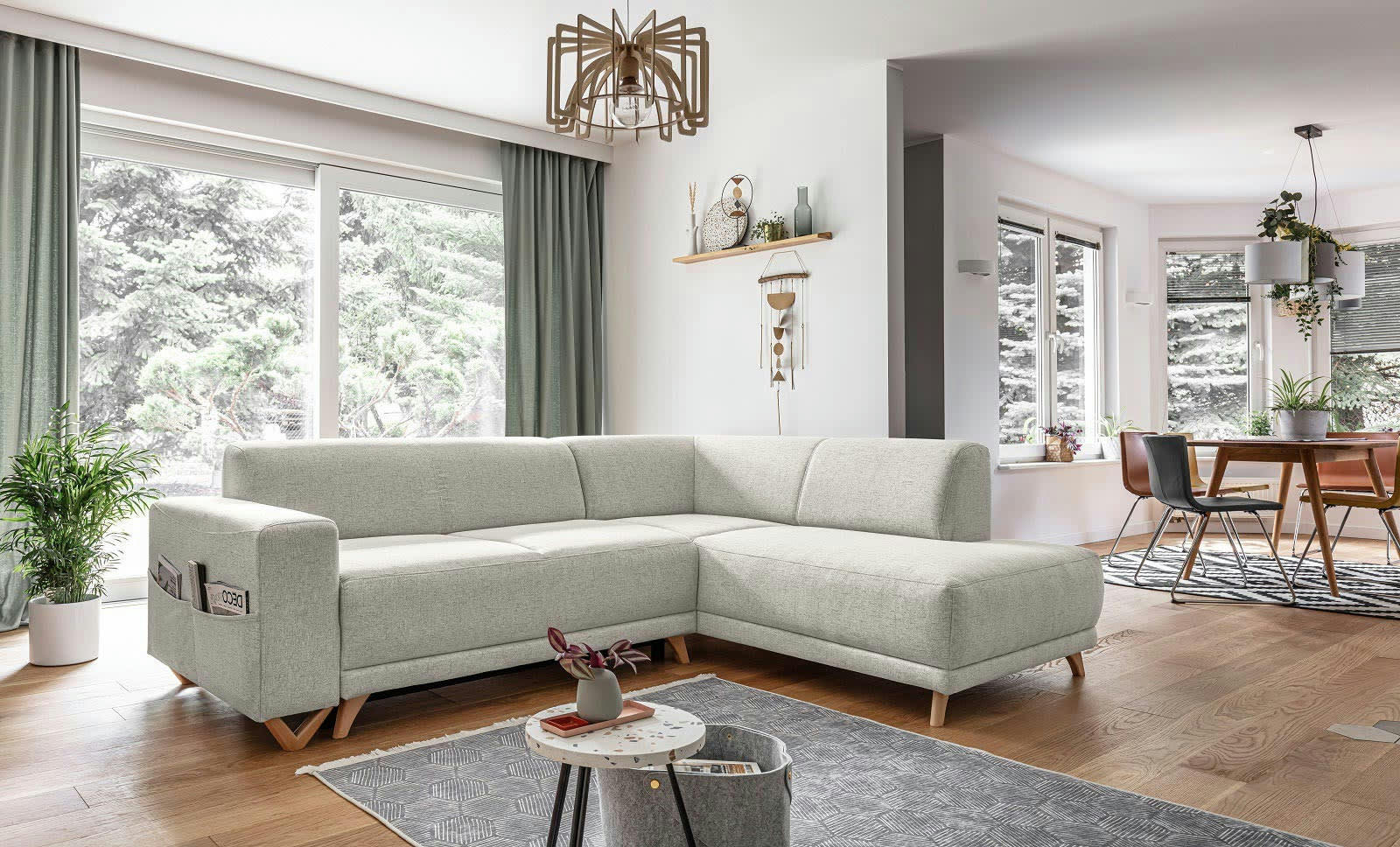 BELLA - Canapé d'angle droit convertible 5 places en tissu beige