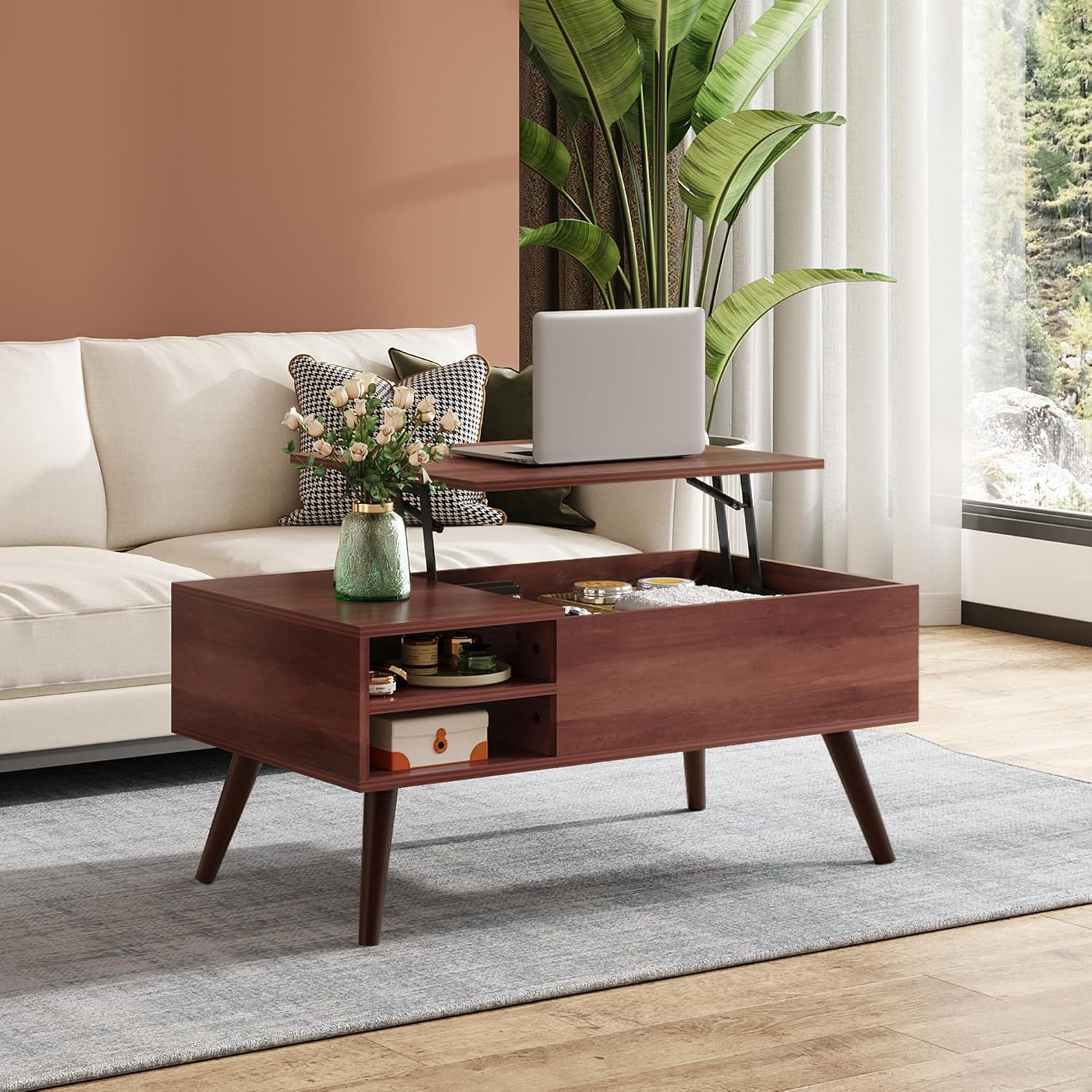WLIVE Lift Top Coffee Table for Living Room,Small Coffee Table with Storage,Hidden Compartment and Adjustable Shelf,Mid Century Modern, Wood,Cherry,Espresso.