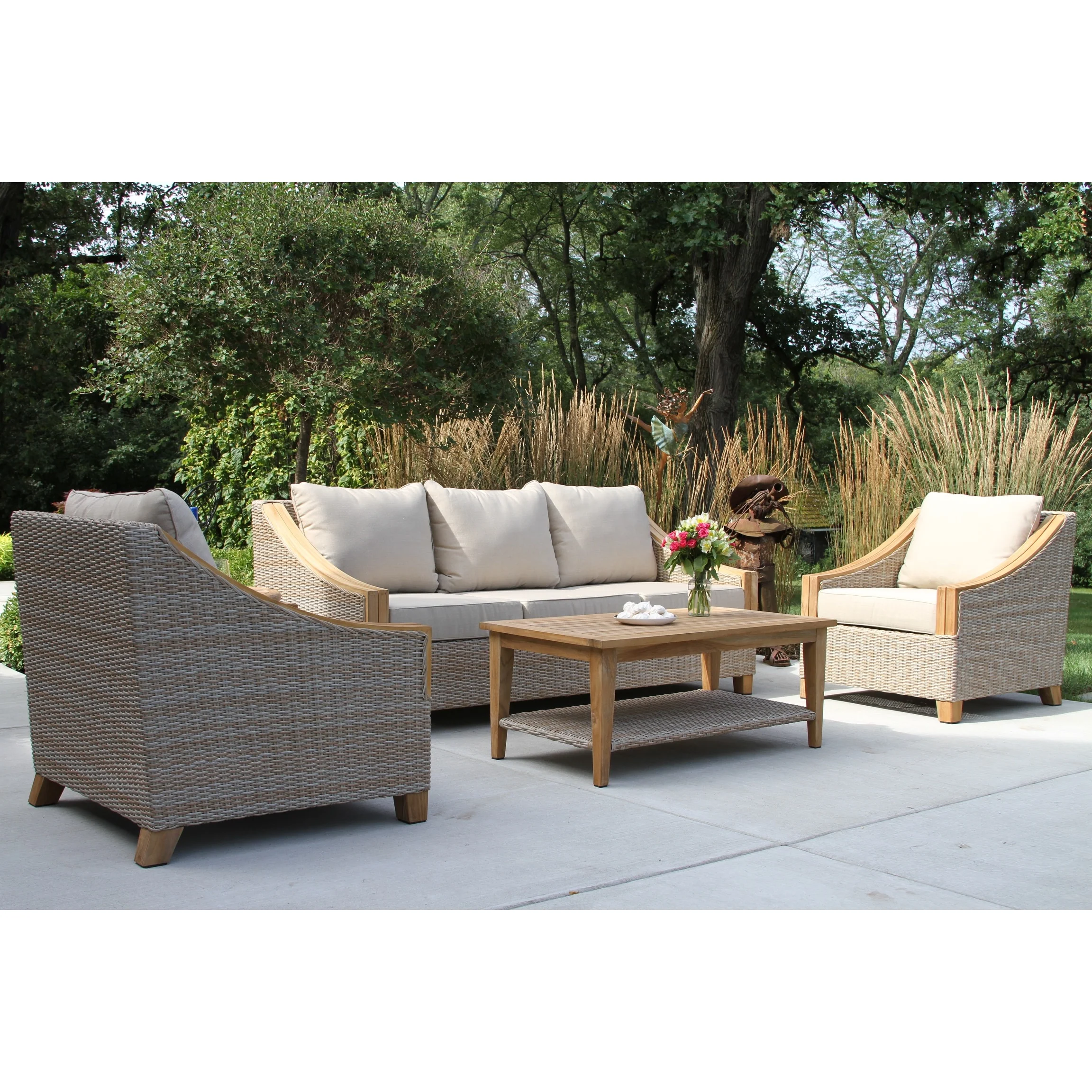 Samera Ash Wicker And Teak 4-Piece Sofa Set With Sunbrella Fabrics