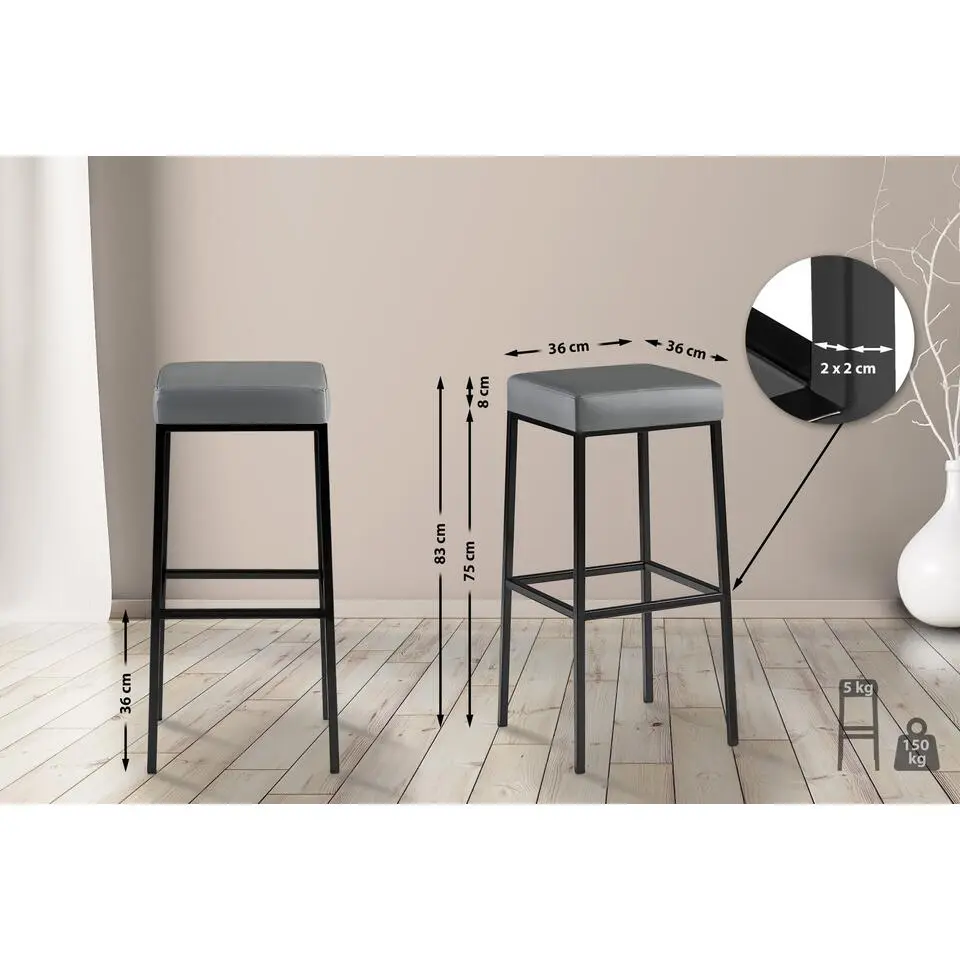 CLP Set van 2 Barkruk Montreal 85 zwart Frame - Kunstleer - grijs