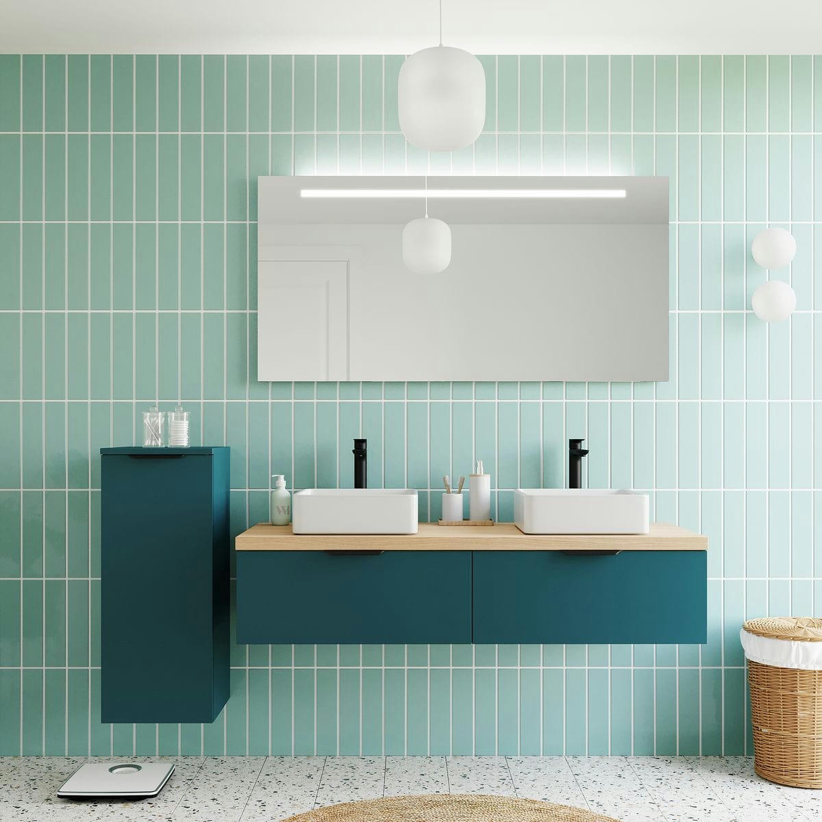 SOHO - Meuble salle de bain 2 vasques posées 140cm 2 tiroirs Bleu