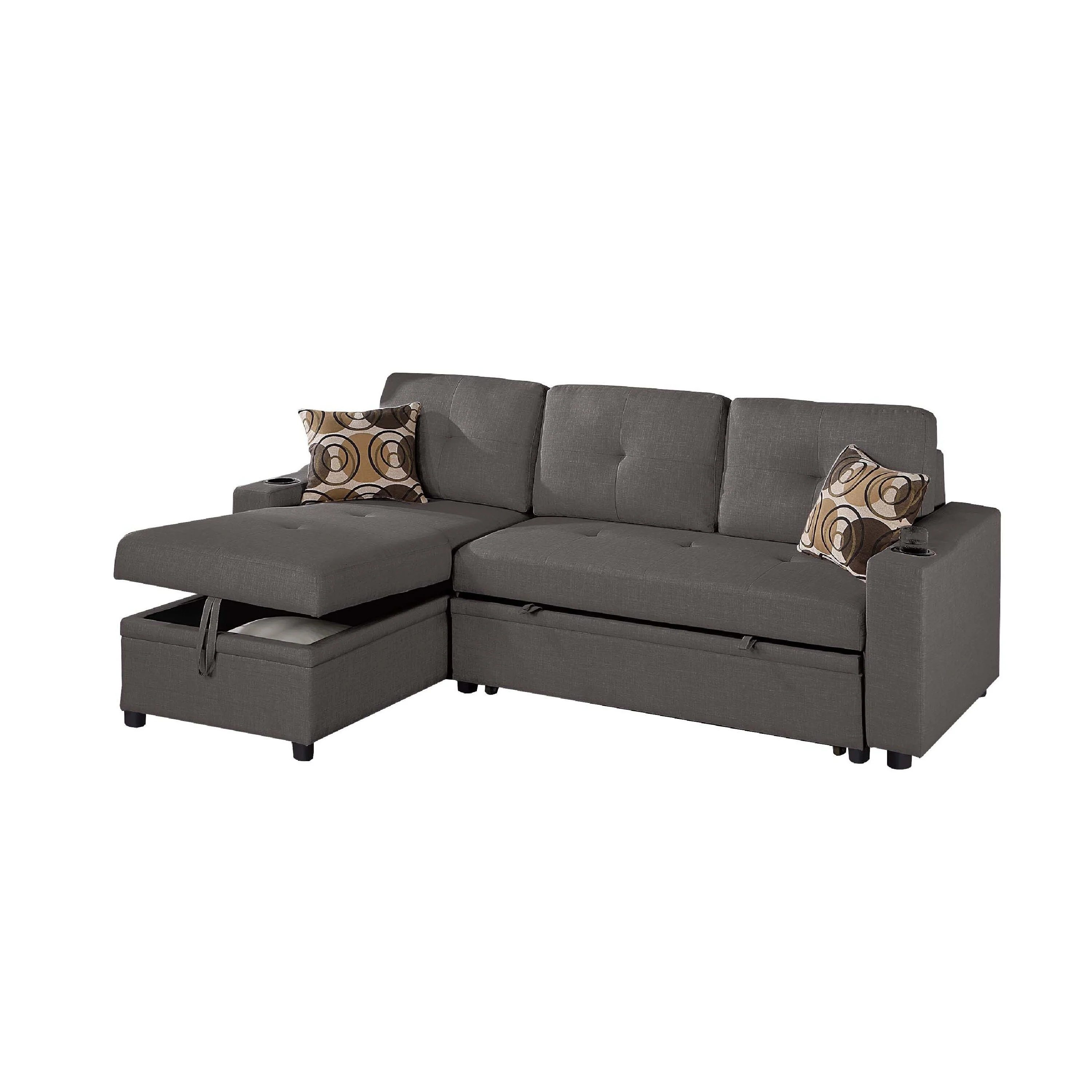 Pero Sectional Sofa Pull Out Bed with Storage Chaise, Pillows, Black