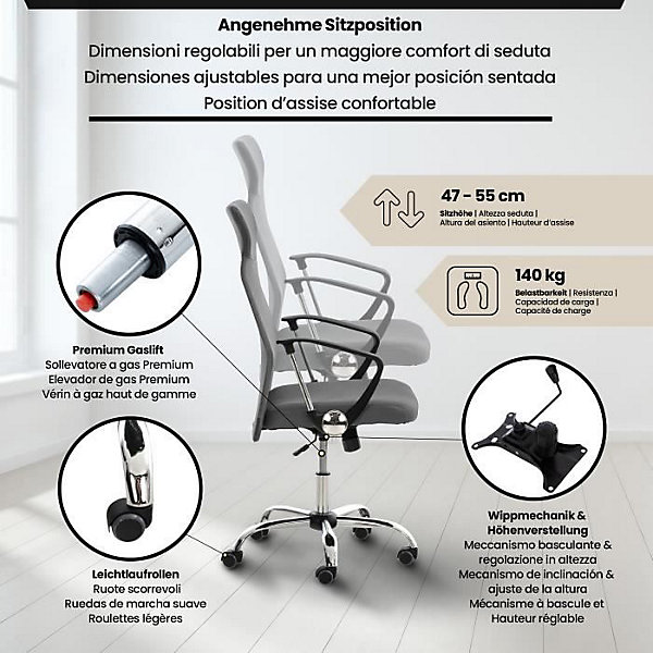 Fauteuil de bureau CLP Washington Gris simili maille 47-55 cm