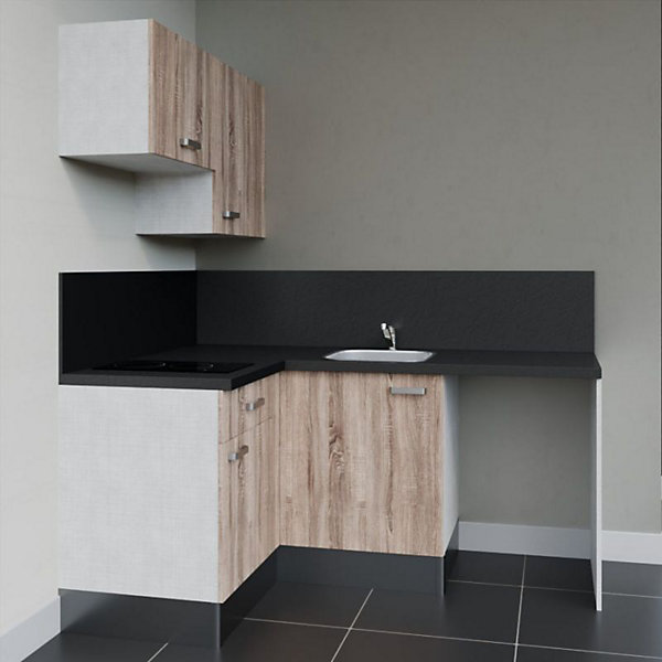 Kitchenette KA02 - 128 cm - Façades : Bois - Plan de travail : Noir texturé - Crédences : Oui - Evier
