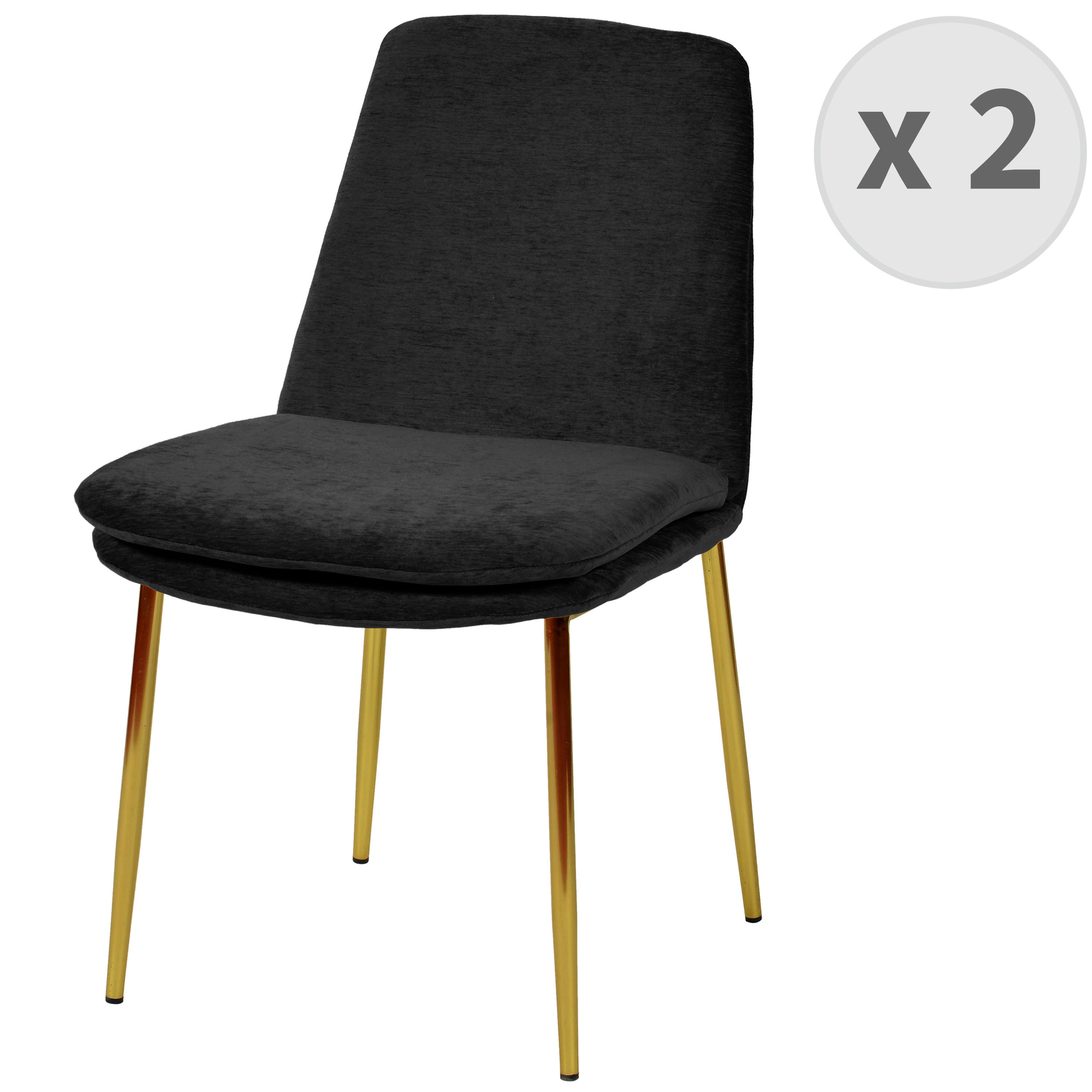 NOLAN - Chaise en tissu chenillé Noir et métal doré finition brossé (x2)
