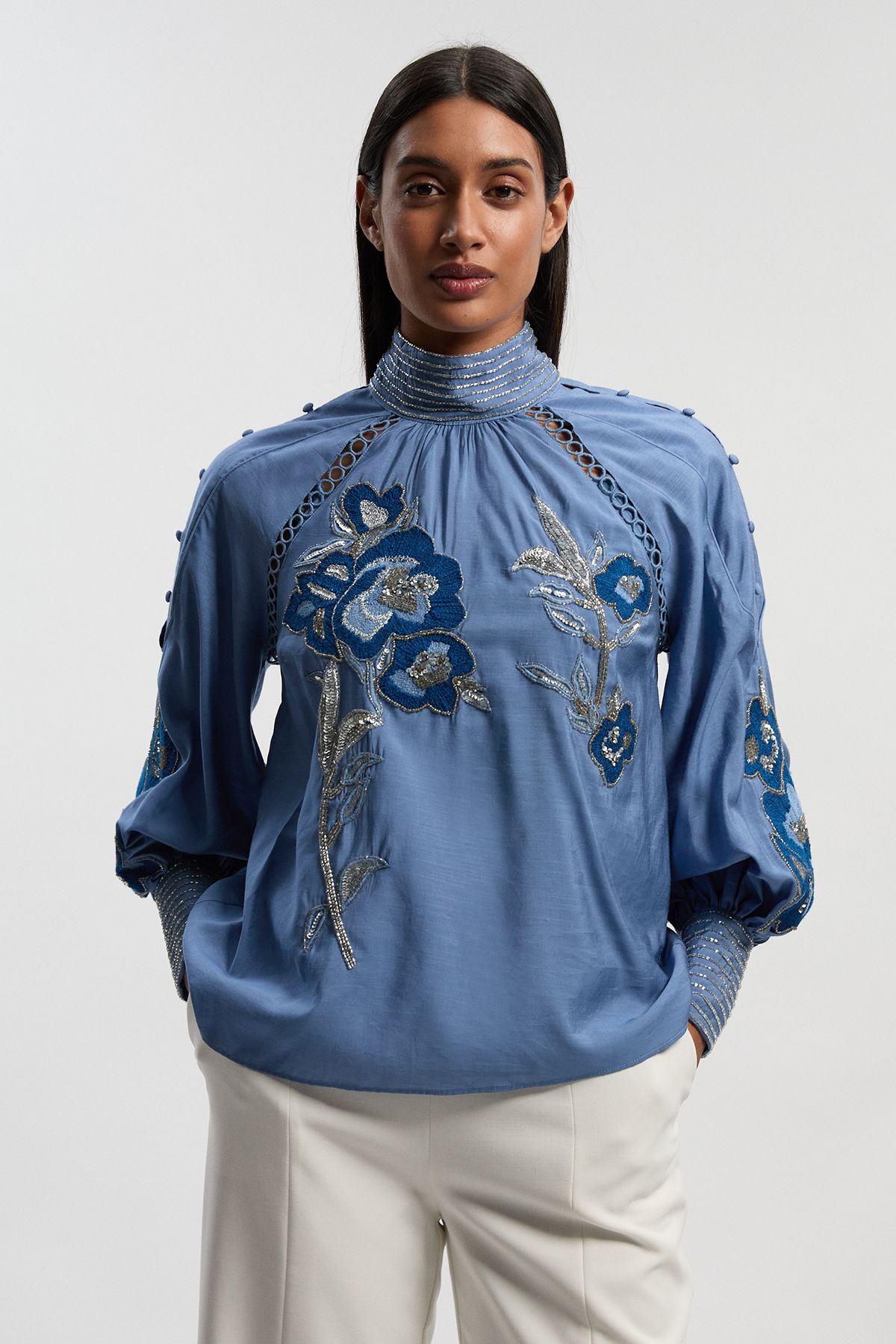 KarenMillen Balloon Sleeve Embroidered And Beaded Woven Blouse