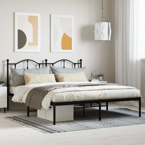 NNEVL Metal Bed Frame with Headboard Black 183x203 cm King
