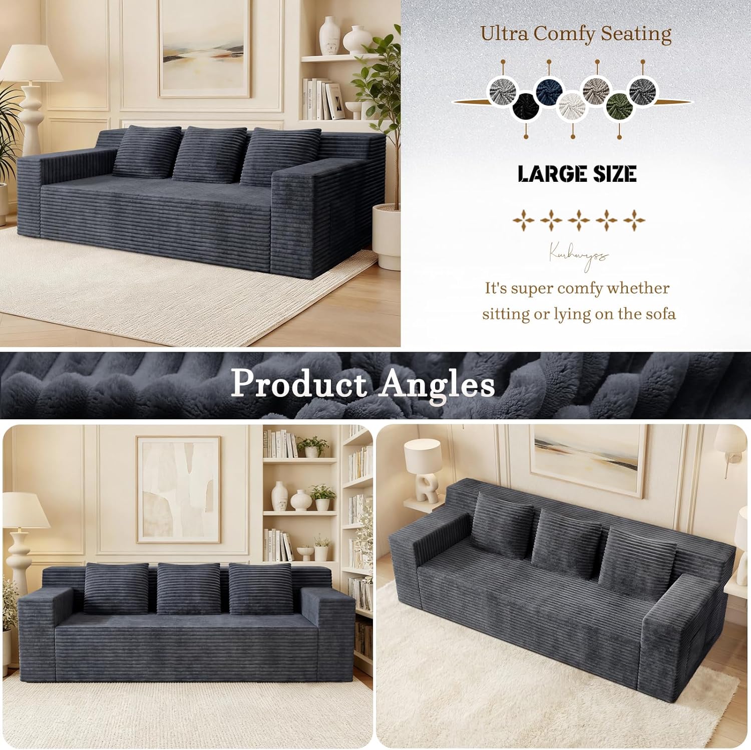 71 Corduroy Living Room Sofa, 3 Setaser Deep Seat Couch with 3 Lumbar Pillows, Comfy Boneless Sofa Modern Compressed Couch for Bedroom, Office, Apartment, No Assembly, Flat Armrests (Dark Grey)