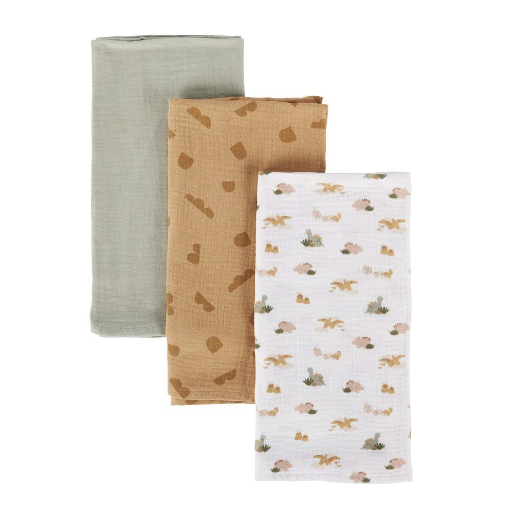 YUMA - Langes bébé en gaze de coton biologique blanc imprimé dinosaures, marron imprimé écailles et vert kaki (x3)