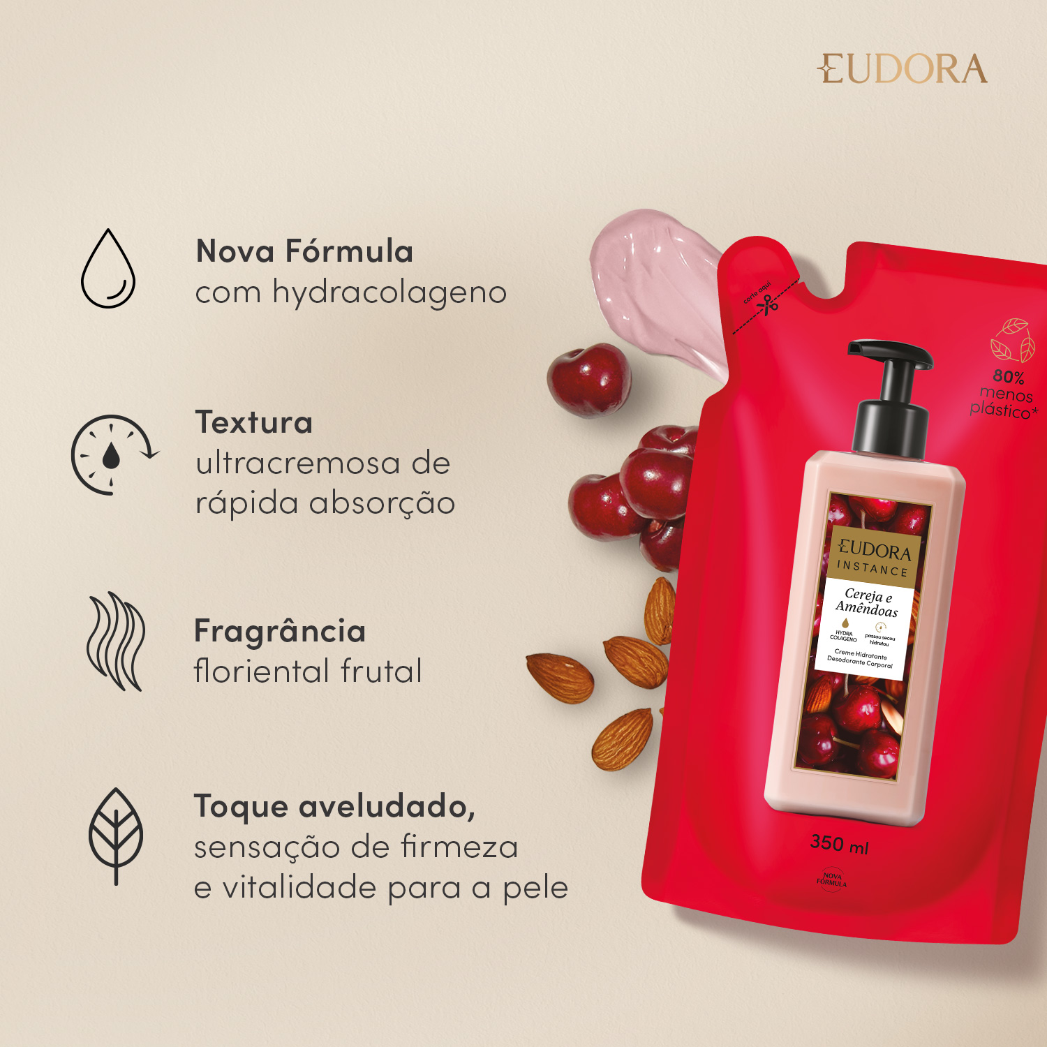 Refil Creme Hidratante Desodorante Corporal Instance Cereja e Amêndoas 350ml