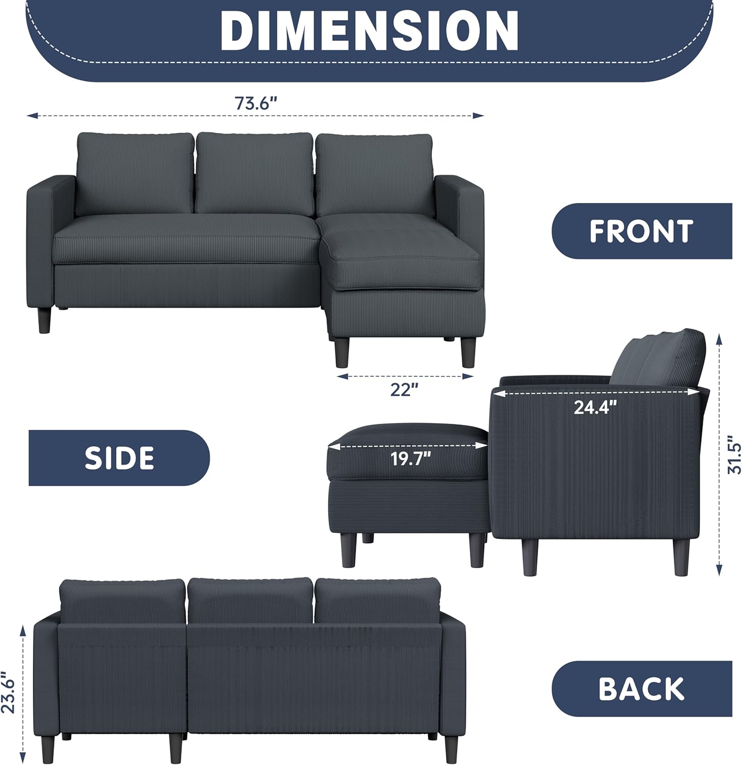 Shintenchi Modern Upholstered Sectional Sofa, L-Shaped Couch with Reversible Chaise for Living Room, New Corduroy Fabric