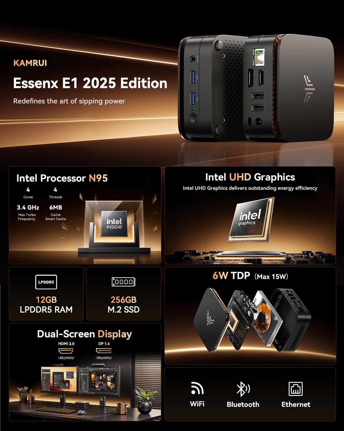 KAMRUI Essenx E1 Mini Computer with N95 Processor  12GB LPDDR5 256GB M.2 SSD Mini PC  Small PC Support Dual 4K  WiFi  Ethernet  Bluetooth  Mini Desktop PC for Business