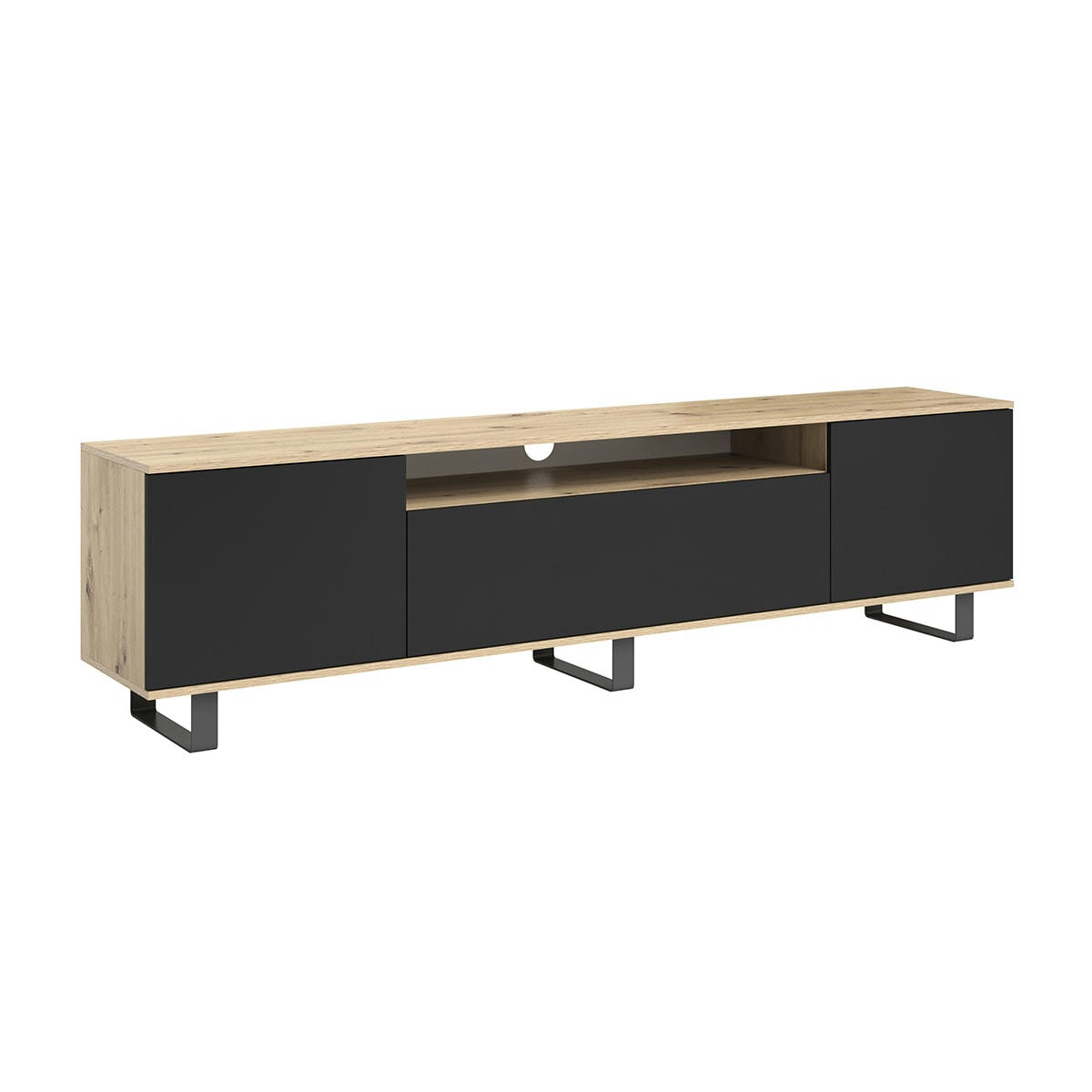 - Meuble TV 3 portes 180 cm stratifiés, métal naturel et noir