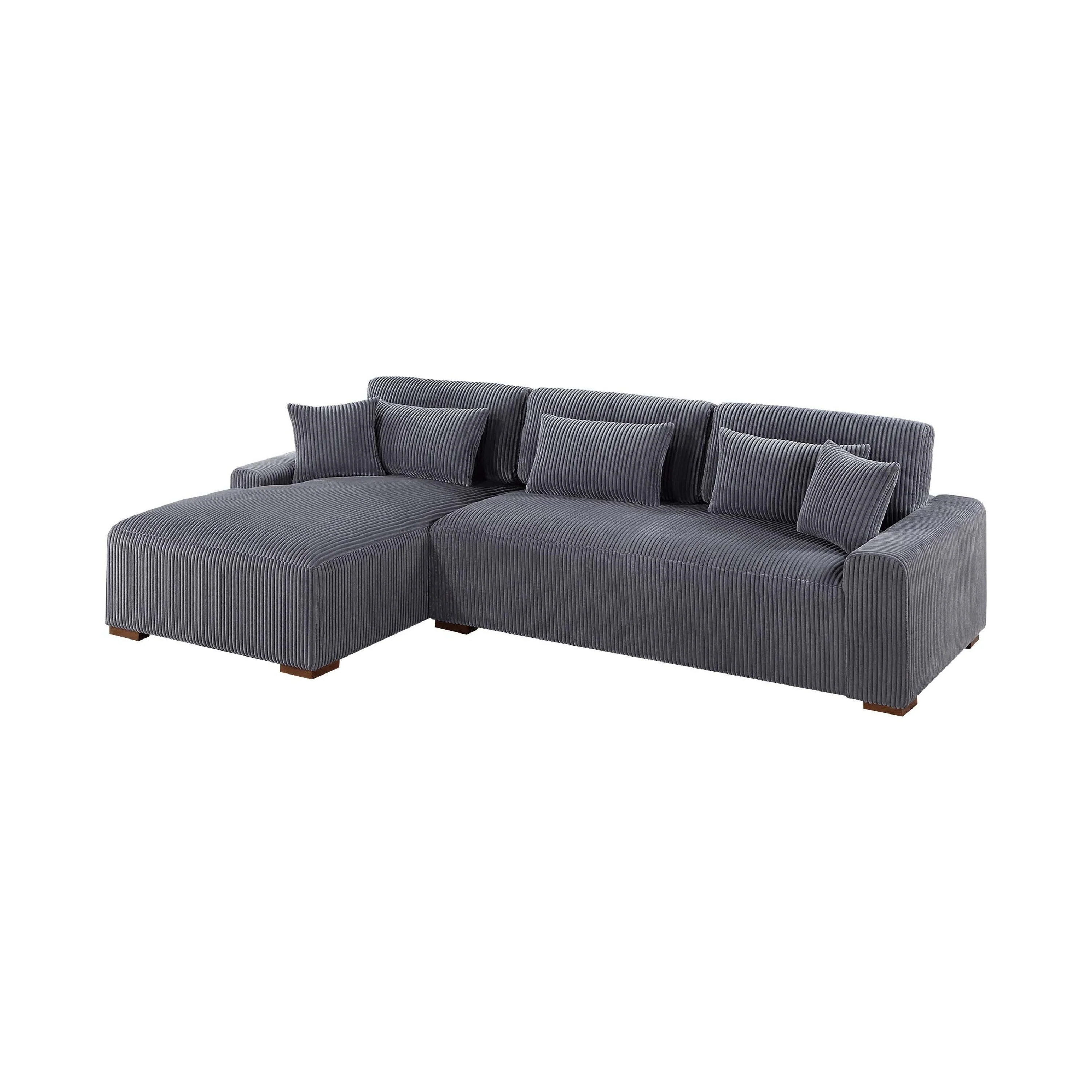 Lio 2pc XL Sectional Sofa with Chaise, 5 Throw Pillows, Gray Corduroy
