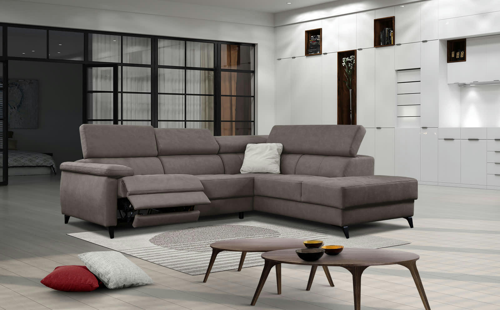 TAUNUS - Le canapé d'angle droit 5 places gris avec une relaxation