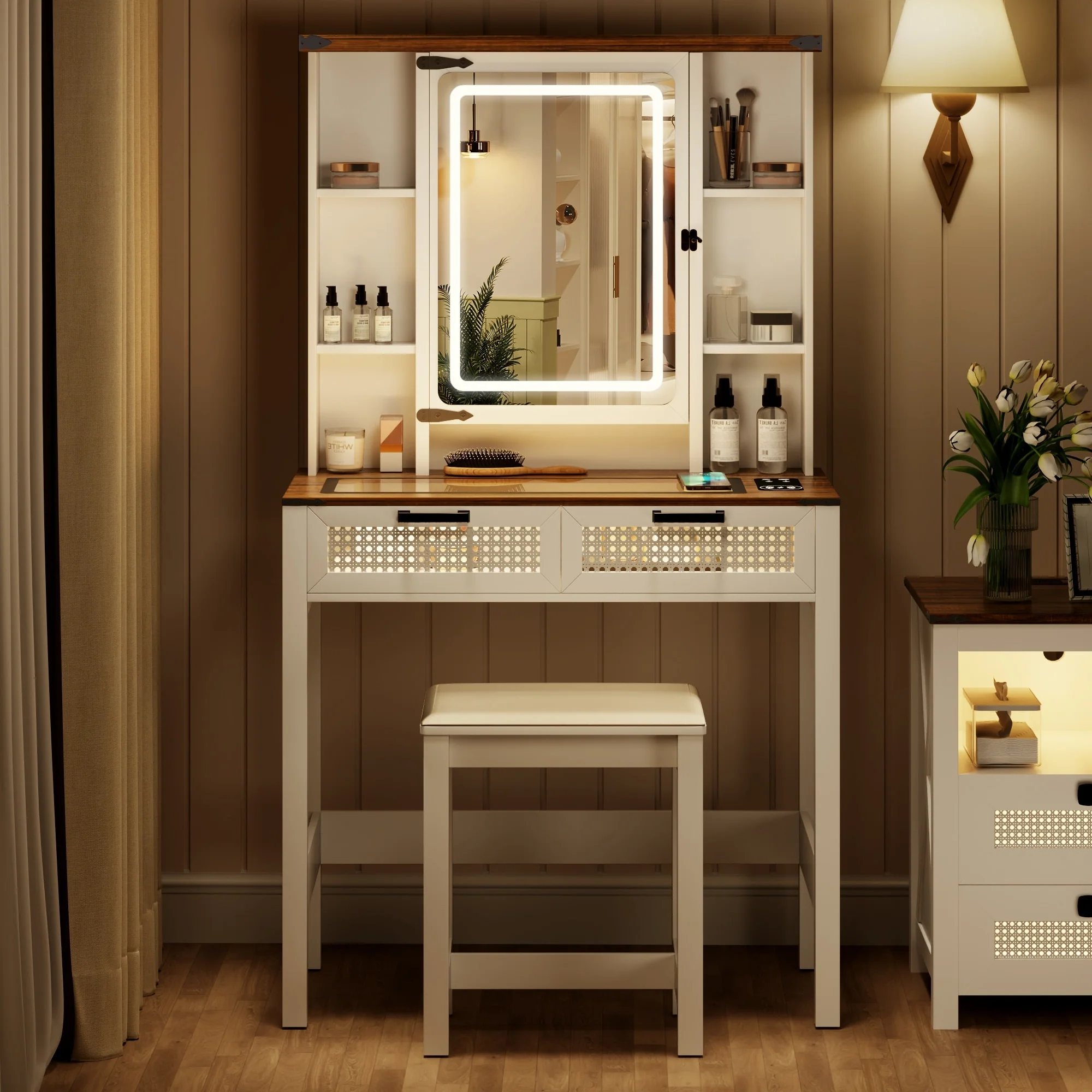 Makeup Vanity With Led Light And Jewelry Mirror Cabinet