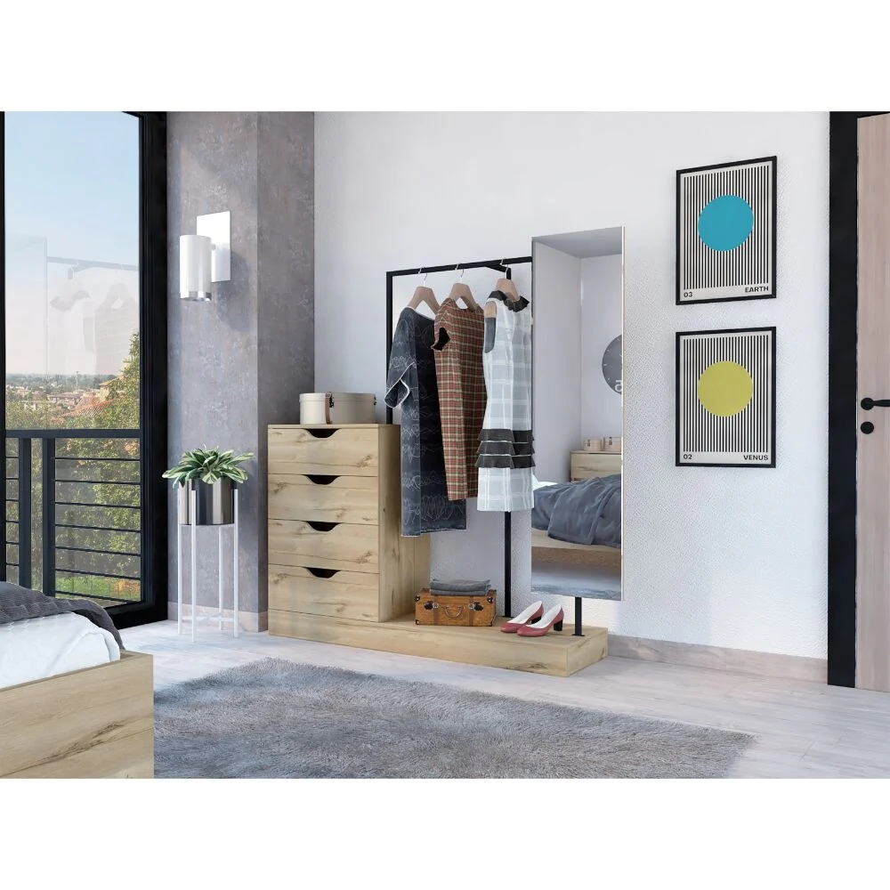 FM Furniture Odessa Connect 4 Drawer Closet with Mirror, Hanging Rod, and Superior Top