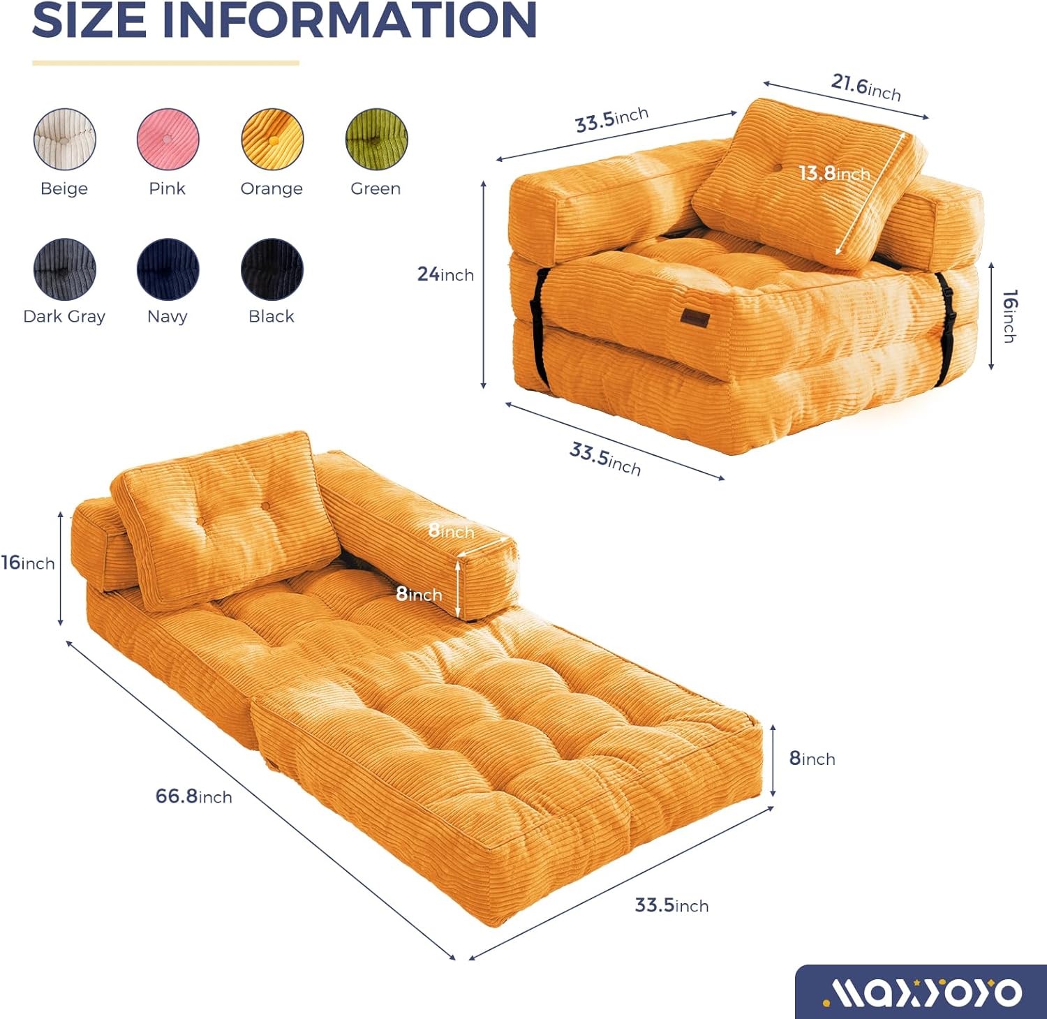 MAXYOYO Folding Sofa Bed, L-Shaped Convertible Sofa Bed Foldable Sleeper with Pillow, Portable Fold Out Chair Lounge for Living Room Bedroom, Orange