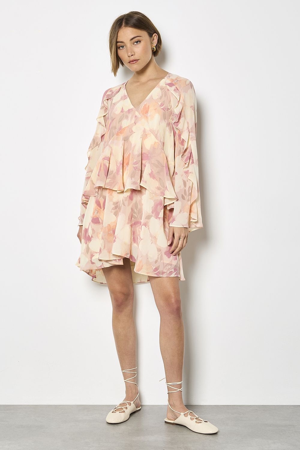 Apricot Floral Chiffon Ruffle Mini Dress