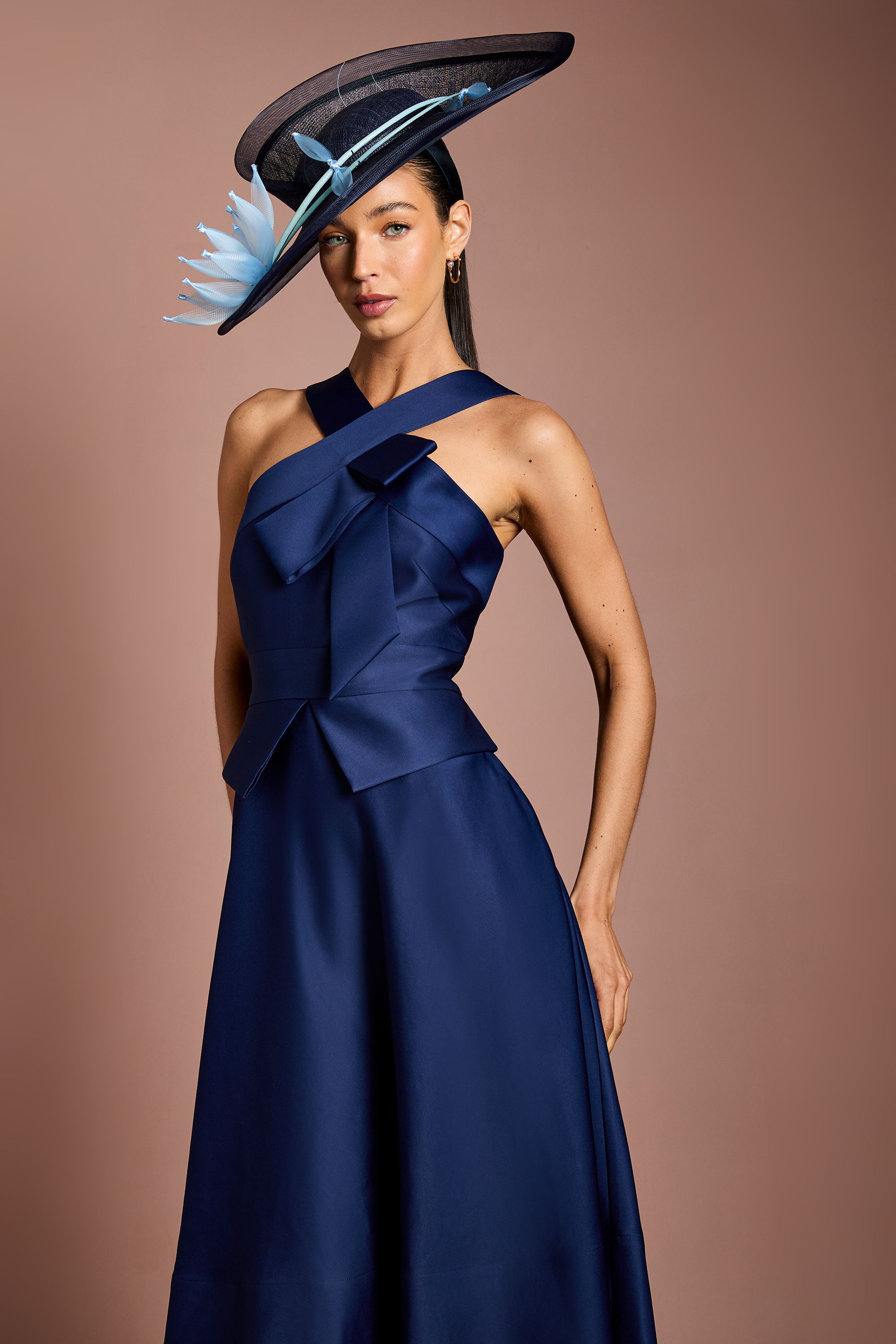 Coast Lisa Tan Cross Neck Structured Satin Bow Detail Midi Dress