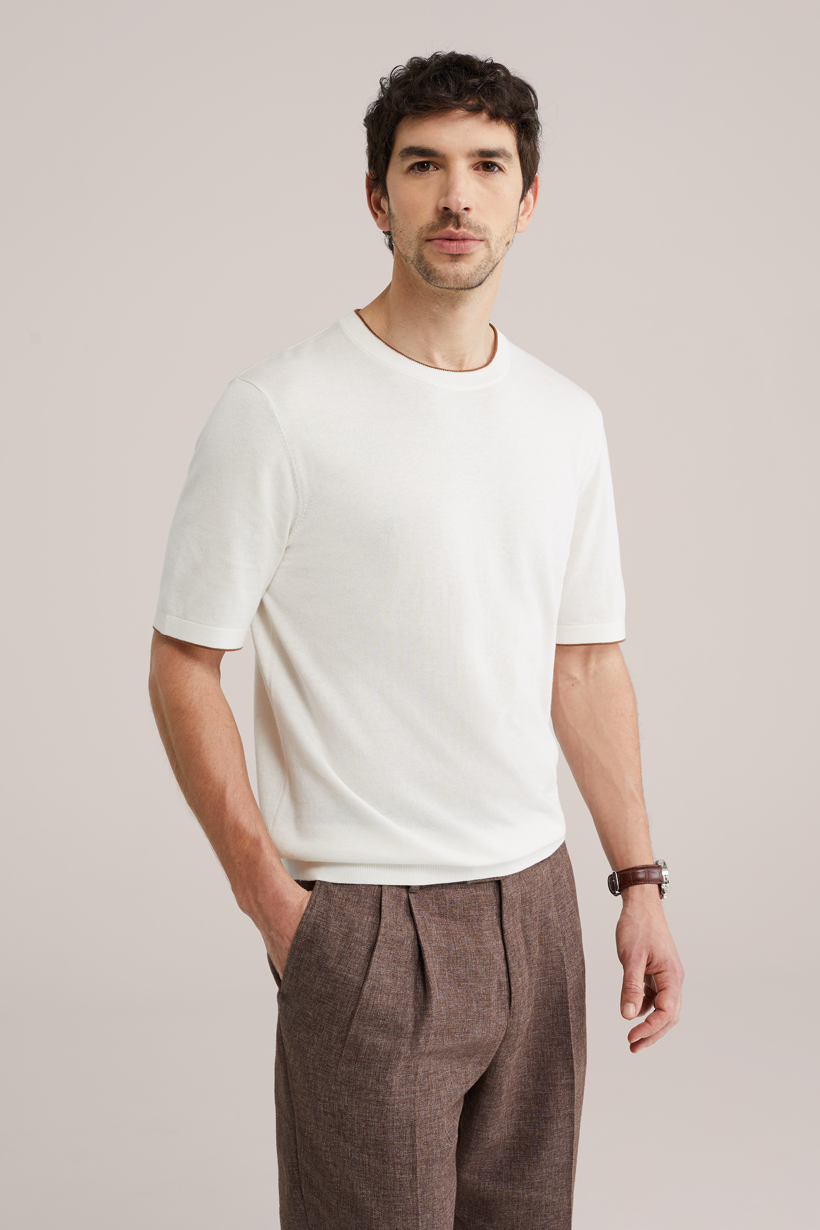 Heren regular fit gebreid T-shirt met contrast