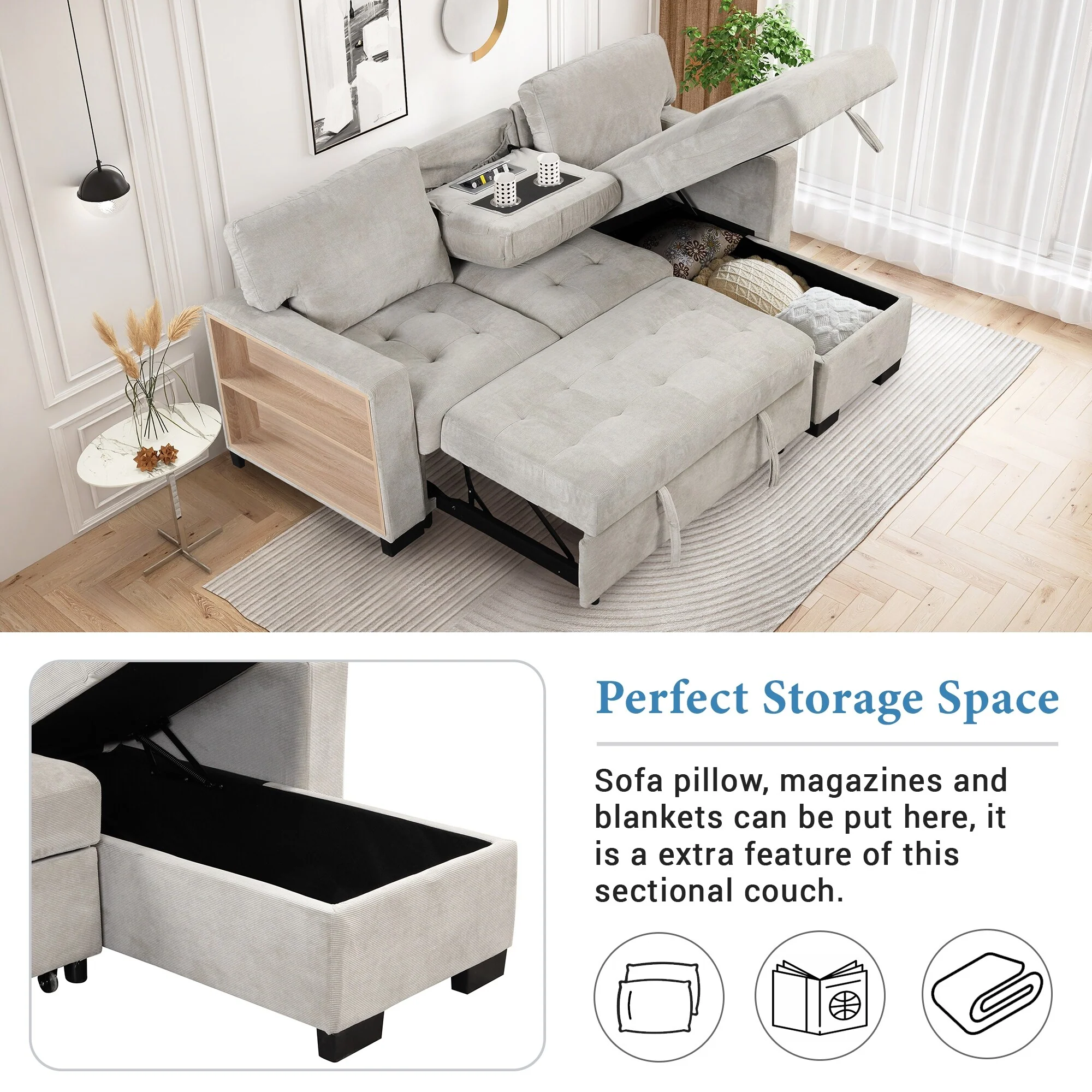 85.2Velvet Foam-Spring 3-Seater Chaise Sectional with Pull-Out Bed, Drop-Down Table, USB Charger, and Storage Rack