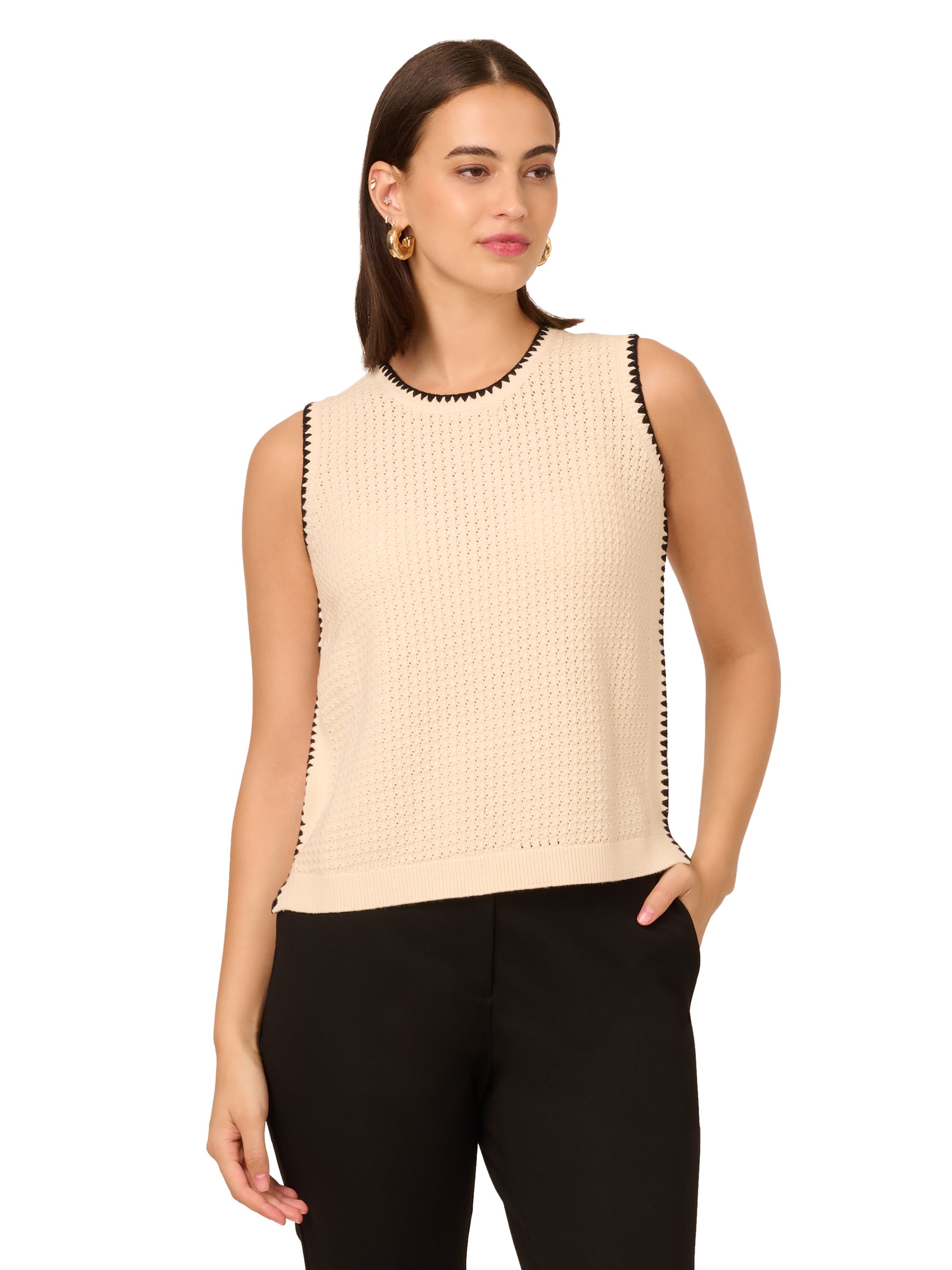 Adrianna Papell Sleeveless Contrast Whipstitch Open Weave Crew Neck Sweater