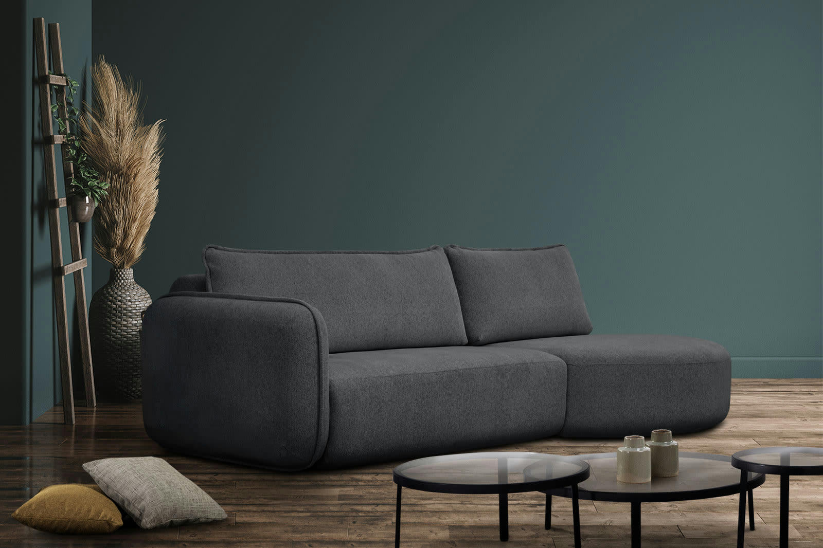 IPSUM - Canapé d'angle droit 3 places avec l'île tissu noir