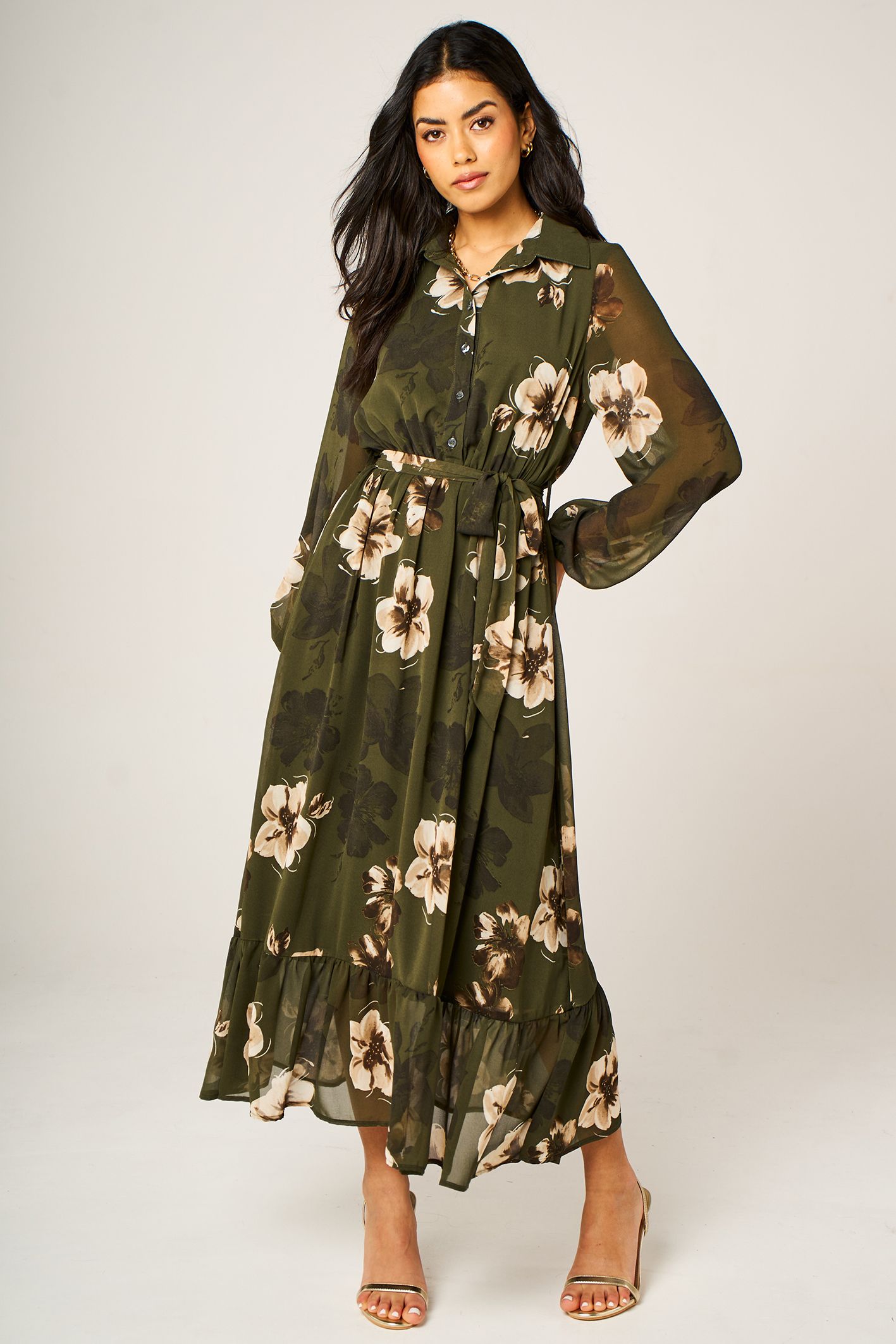 FS Collection Floral Print Hem Detail Long Sleeve Shirt Midi Dress In Olive Green