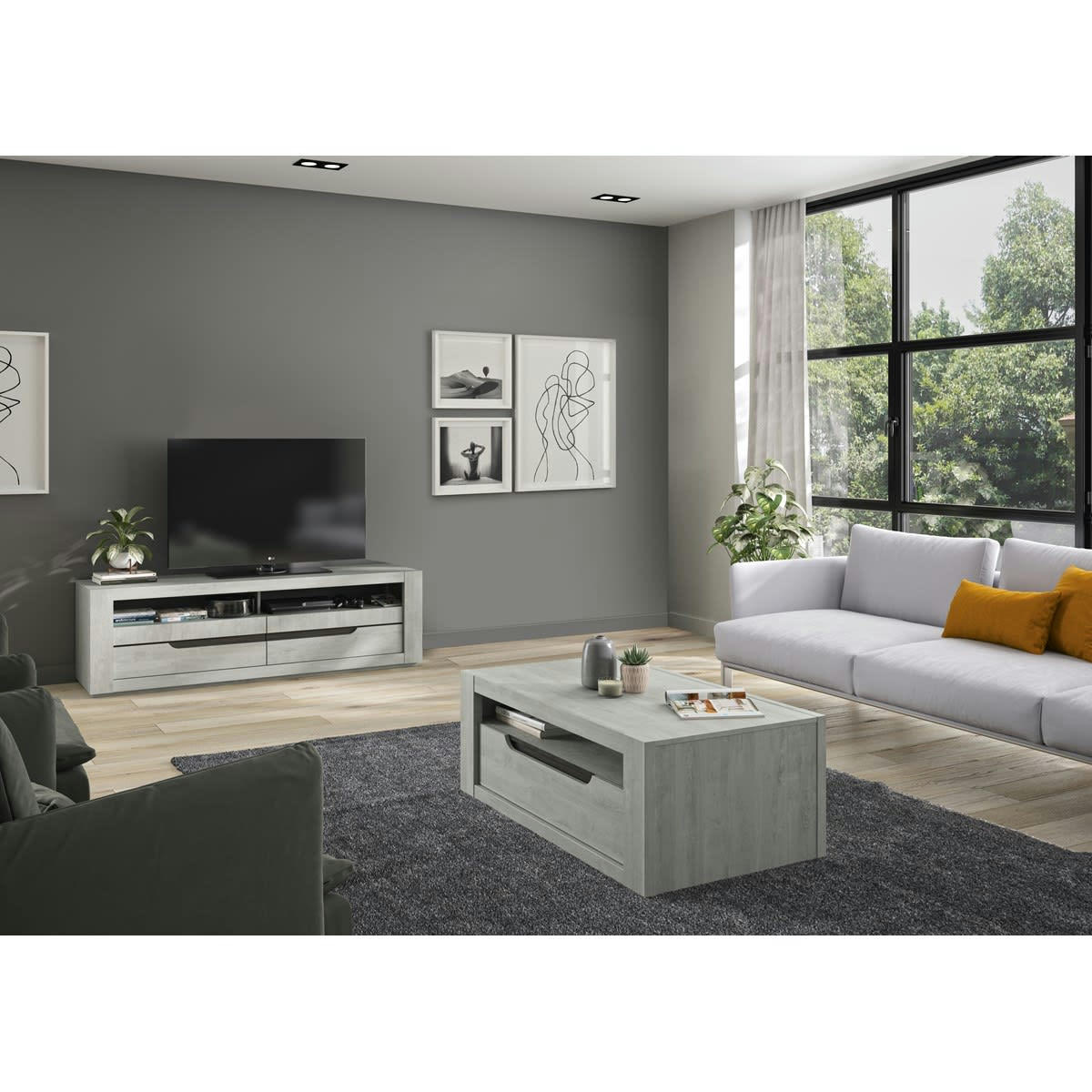 ATALANTE - Meuble tv 2 tiroirs effet bois gris