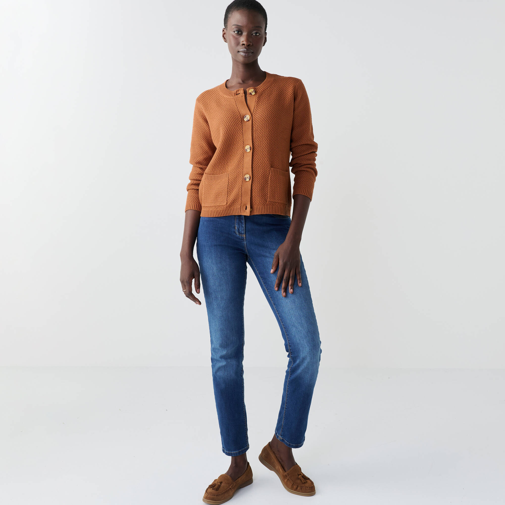 Gilet paletot maille fantaisie, boutons effet corne