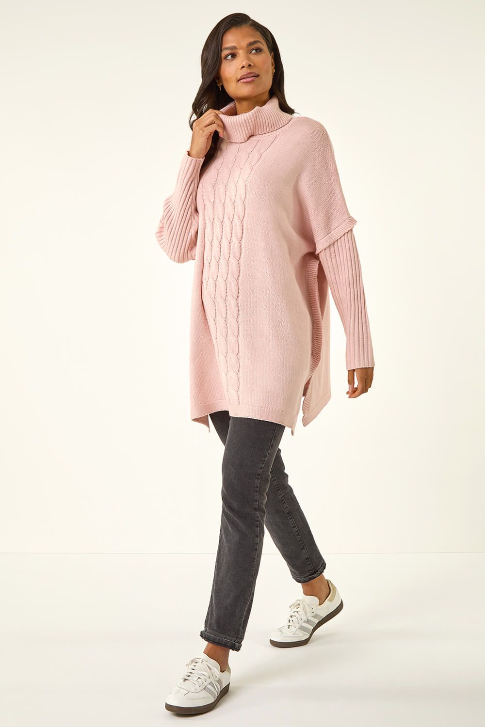 Roman Cable Knit Roll Neck Poncho Jumper