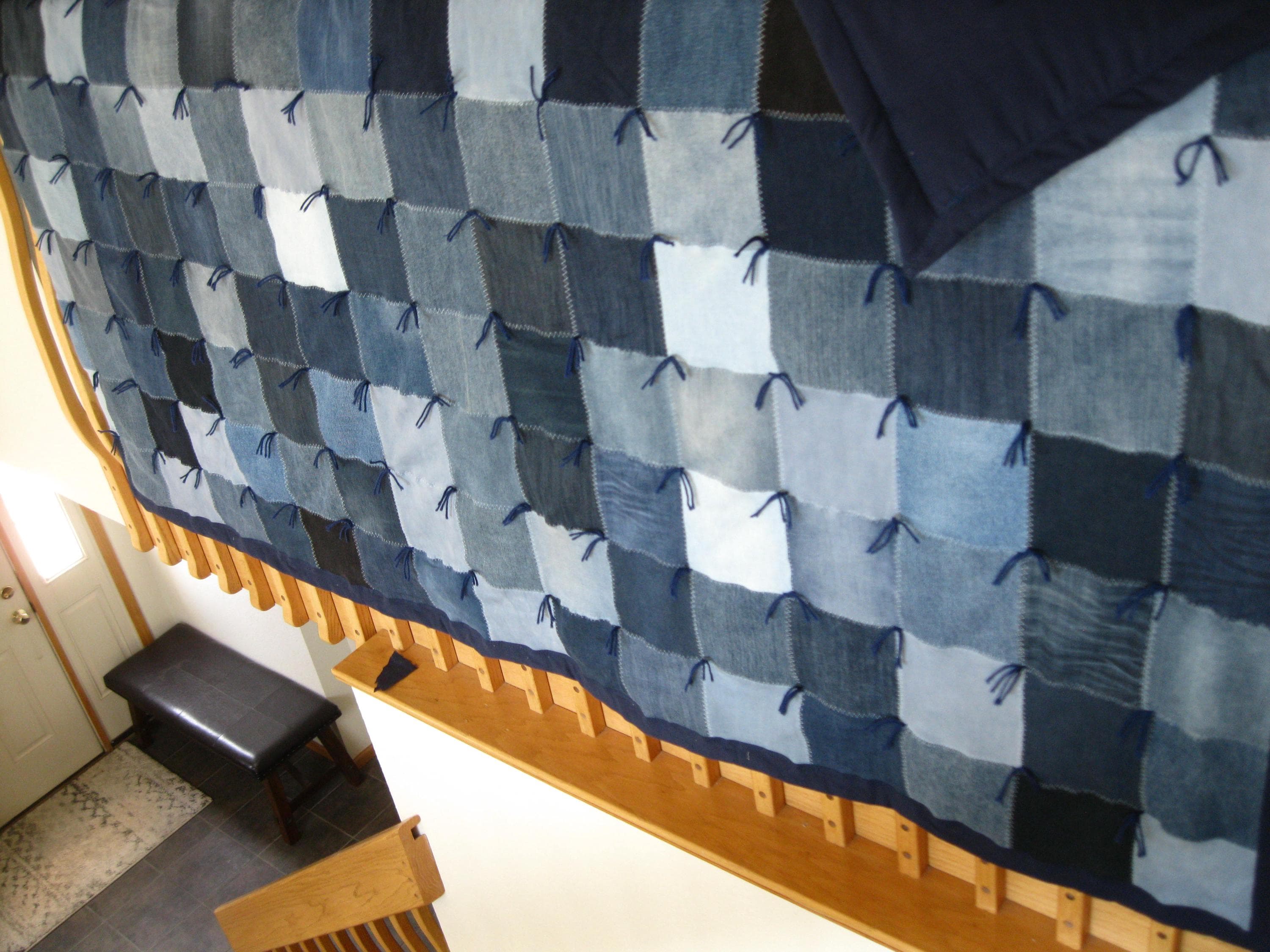 New Handmade Tied XL Twin Denim Jean Navy Blue FLANNEL Quilt Blanket