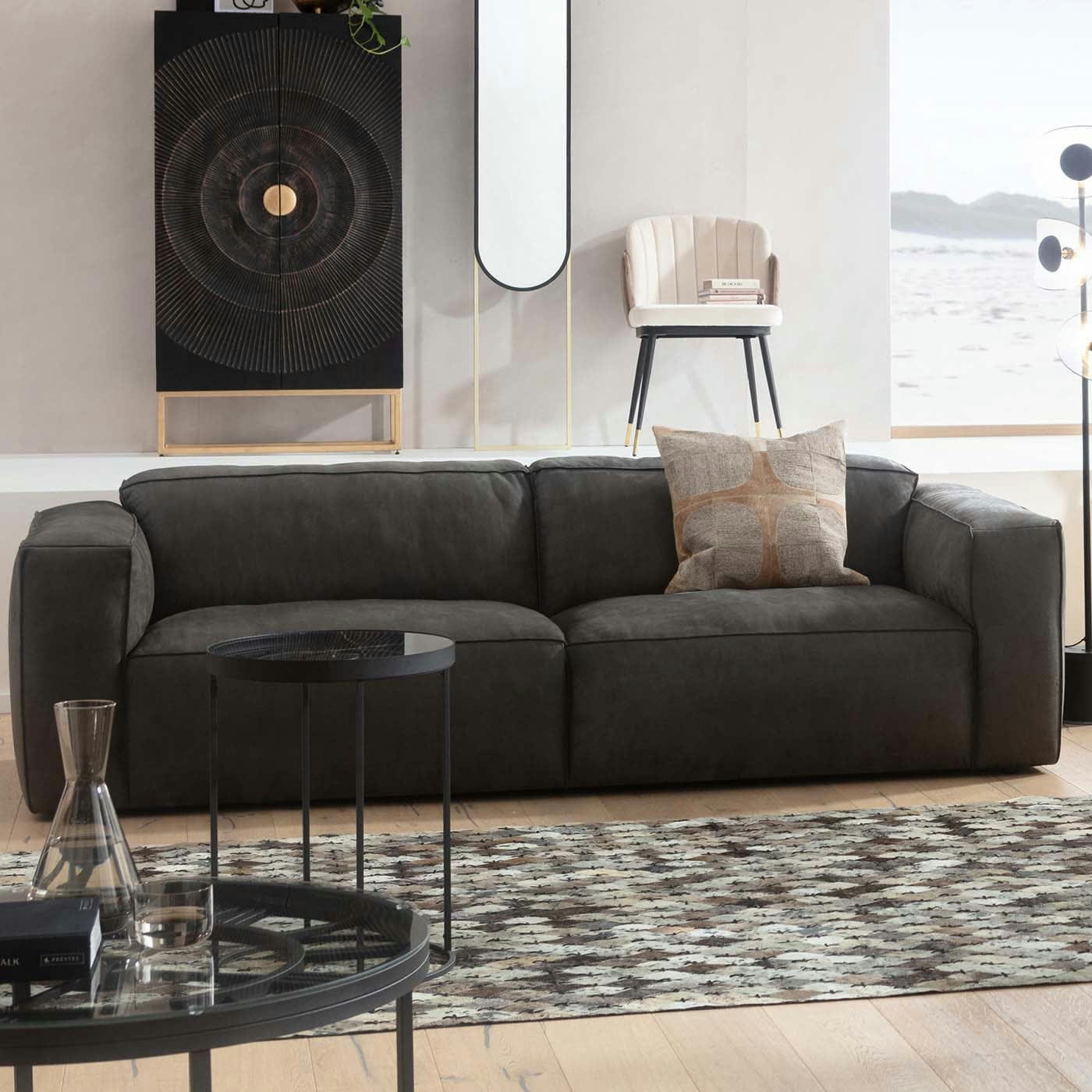 HENRY - Canapé en cuir Henry 3 places gris Kare Design