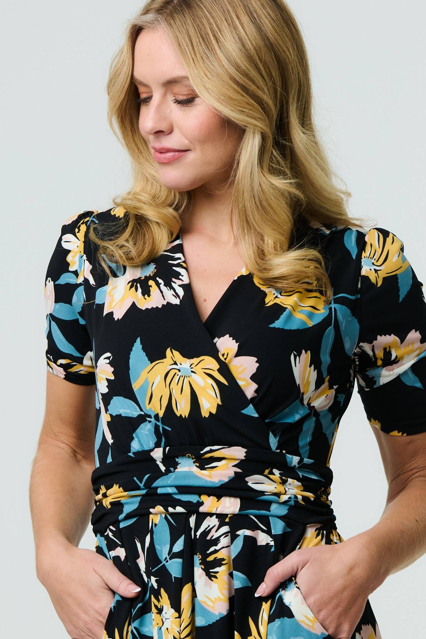Izabel London Floral Short Sleeve Faux Wrap Midi Dress