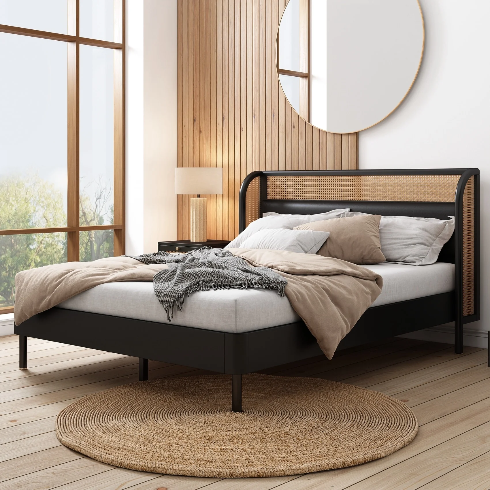 Rattan Wood Platform Queen Bed