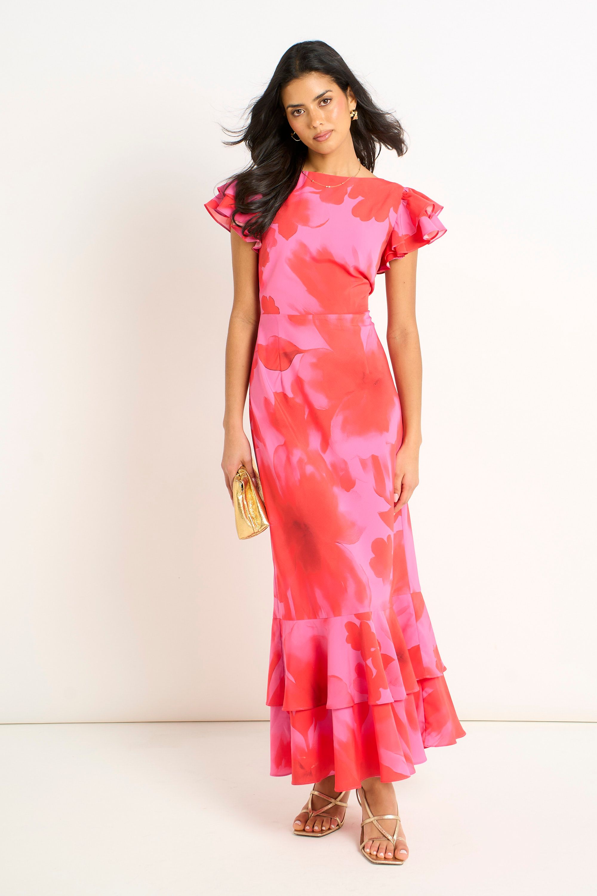Gini London Pink Watercolor Floral Print Ruffle Midaxi Dress