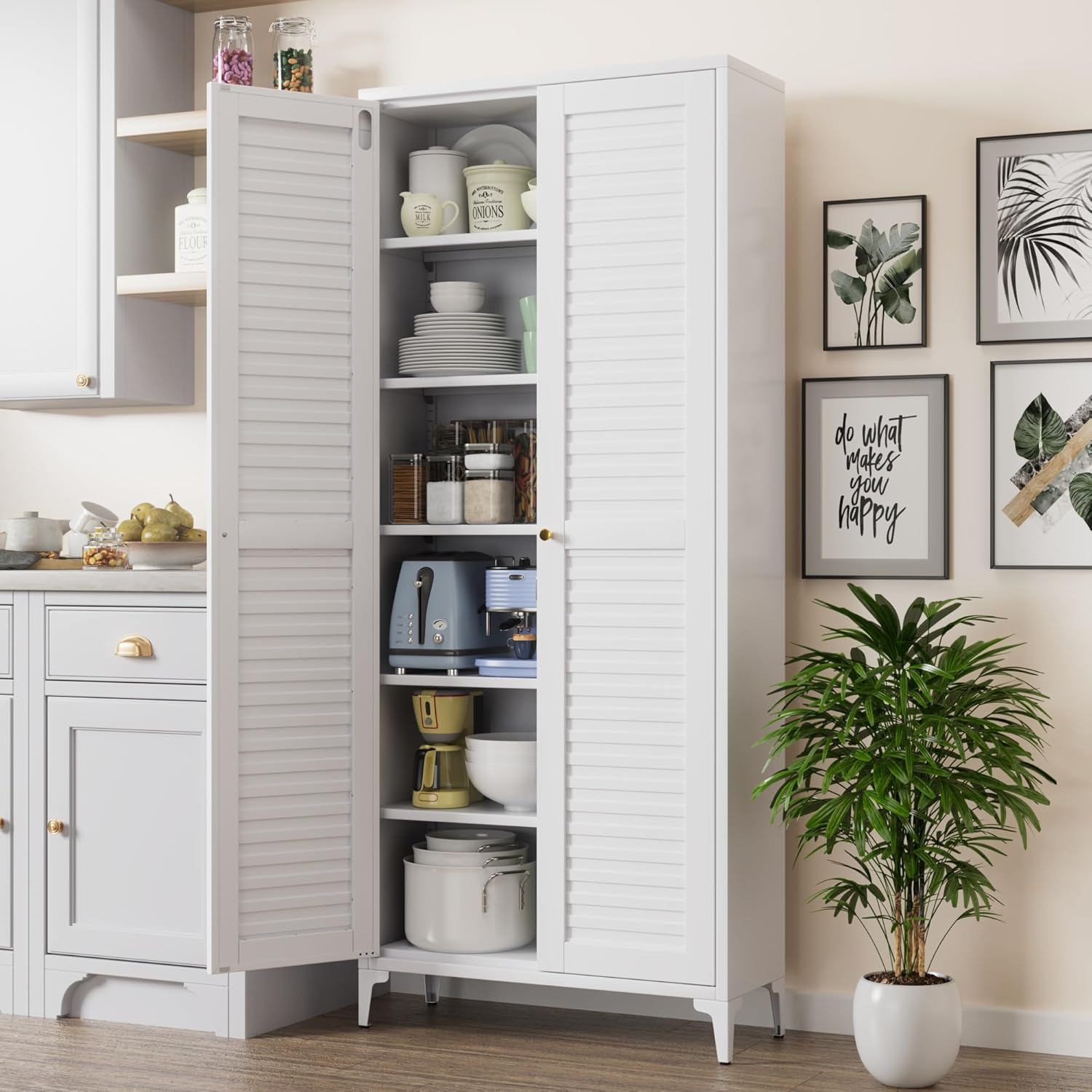 Metal Kitchen Pantry Cabinet with 2 Doors,Metal Pantry Cabinet with 5 Adjustable Shelves for Kitchen,Home,74.2 H × 31.5 W × 15.75 D,Required Assembly, White