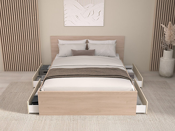 Lit avec 4 tiroirs 160 x 200 cm -coloris : Naturel et beige   Sommier   Matelas - VELONA