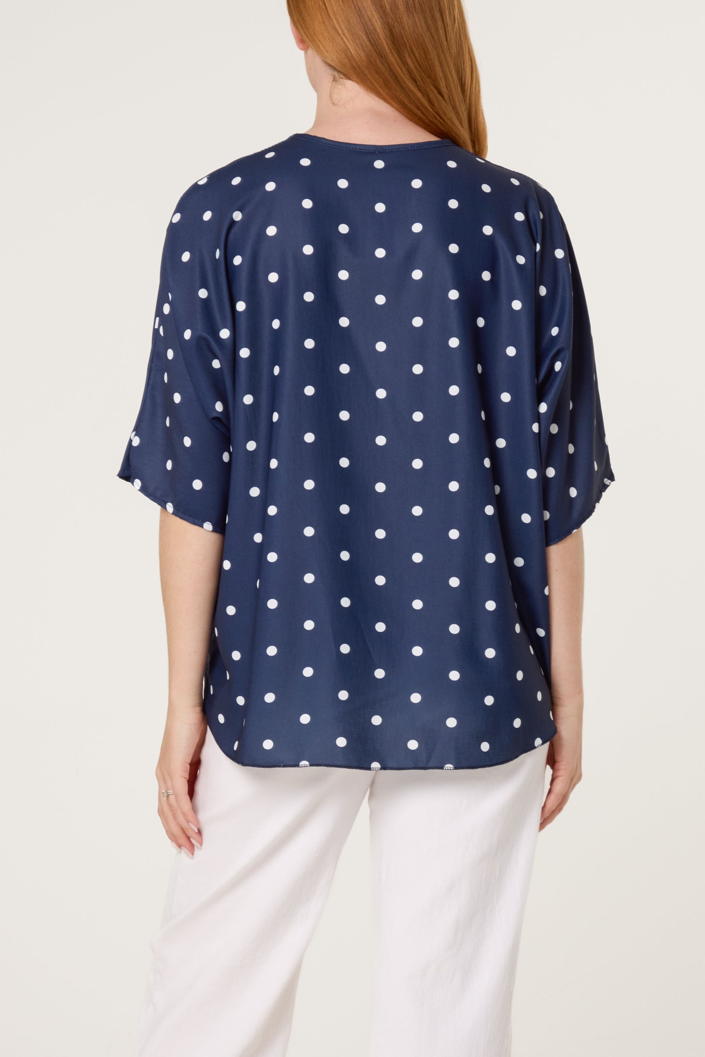 Blue Vanilla Navy Polka Dot Knot Front Top